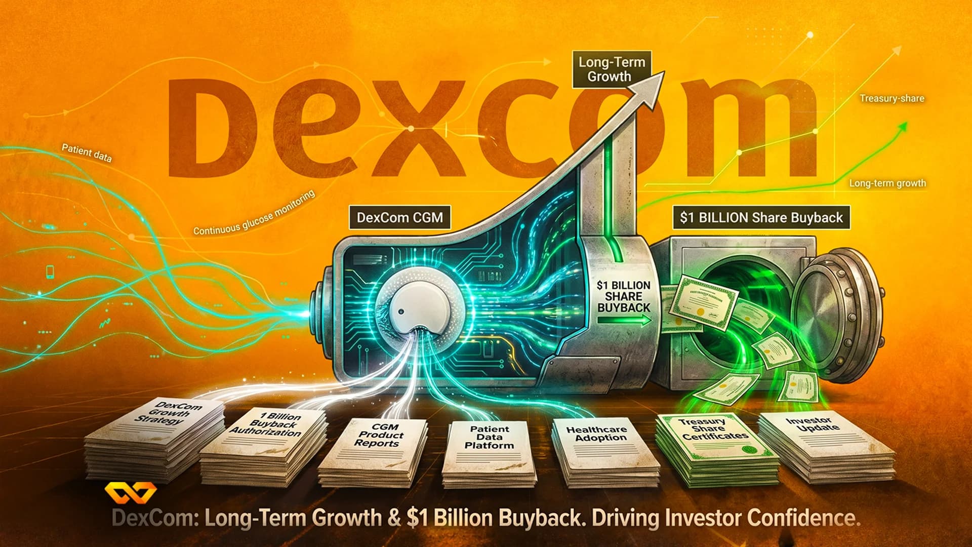 Illustration of a Dexcom CGM device with data lines, a vault for share buybacks, and an upward growth arrow.