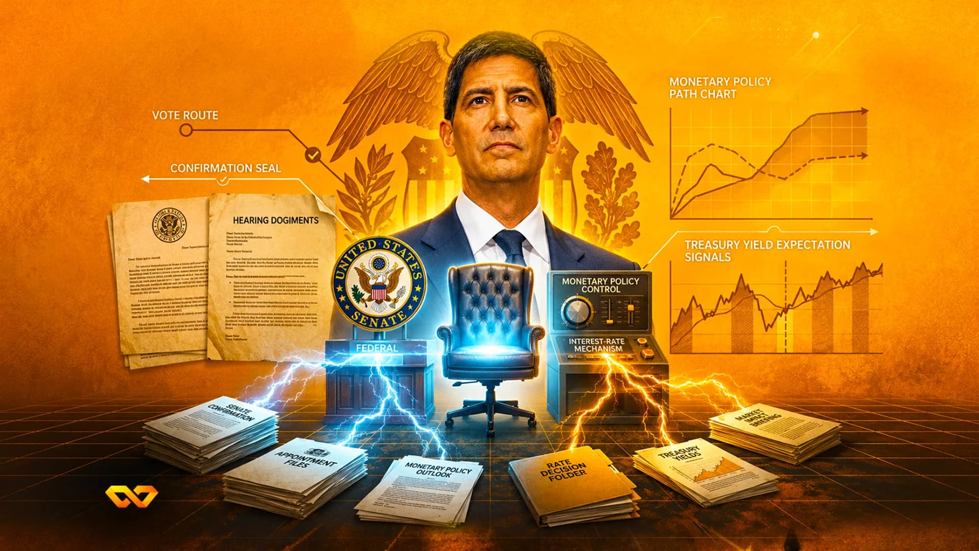 Portrait of a man in a suit centered among financial charts, document stacks, and a control panel on a gold background.