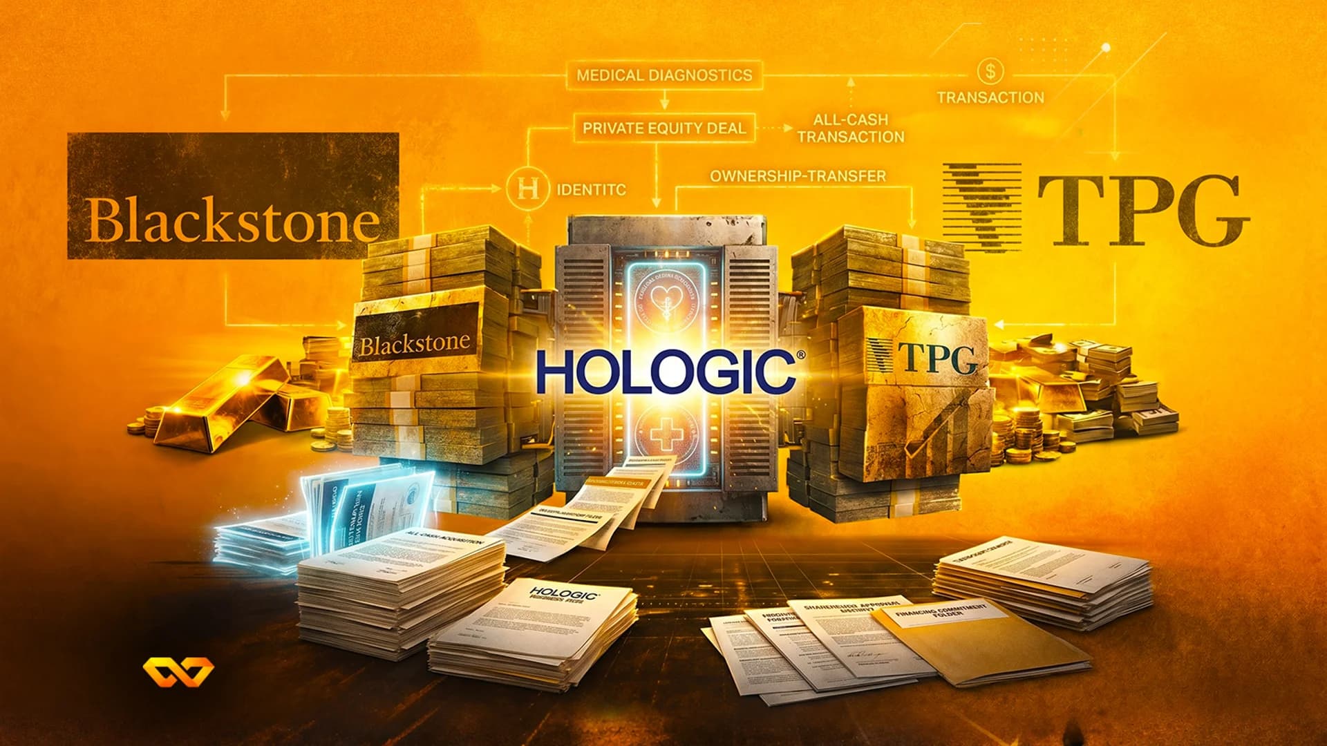Logos for Blackstone, TPG, and Hologic surrounded by stacks of cash, gold bars, and paperwork on an orange background.