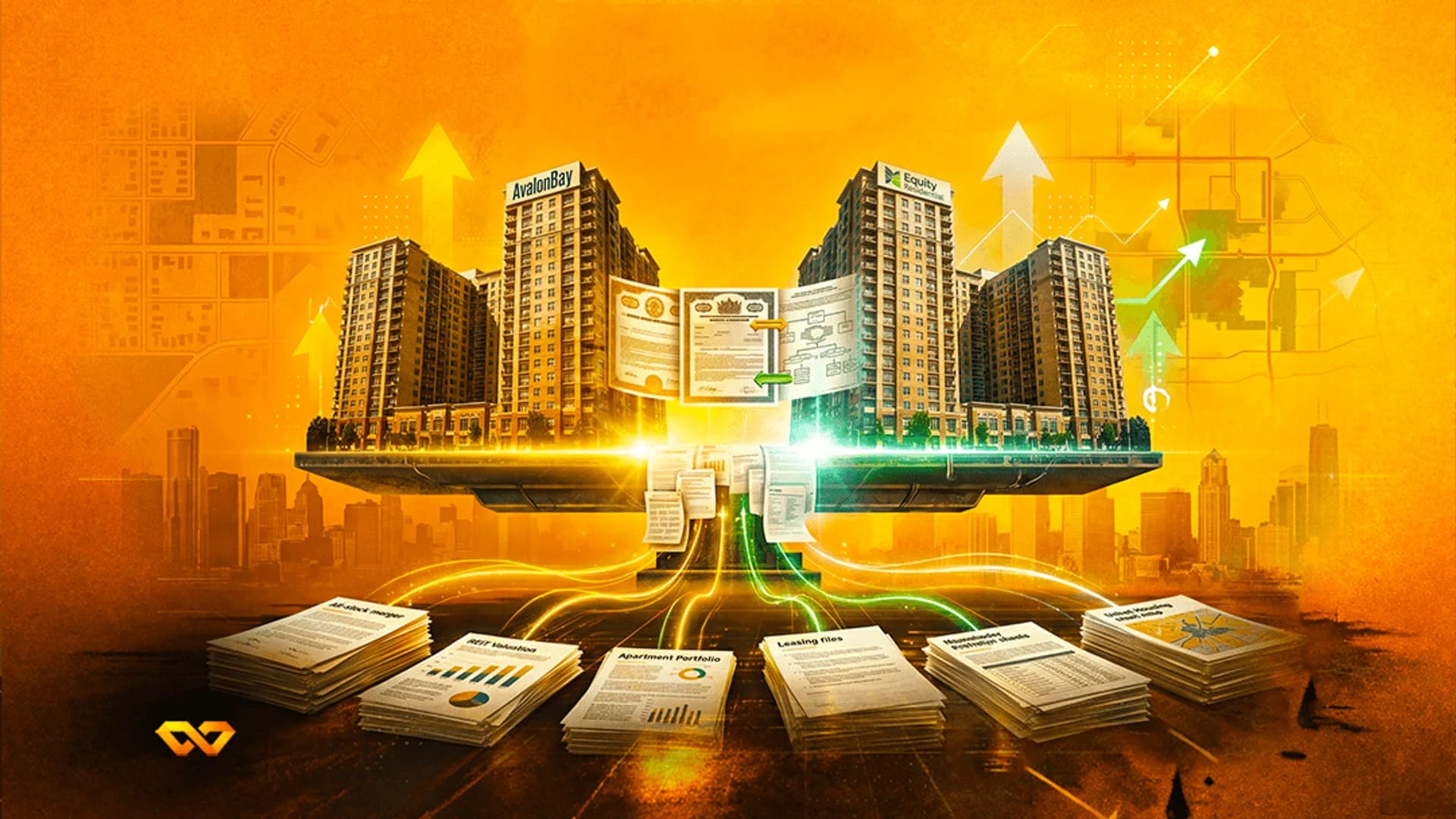 Digital illustration of AvalonBay and Equity Residential buildings on a platform with merger documents and charts.