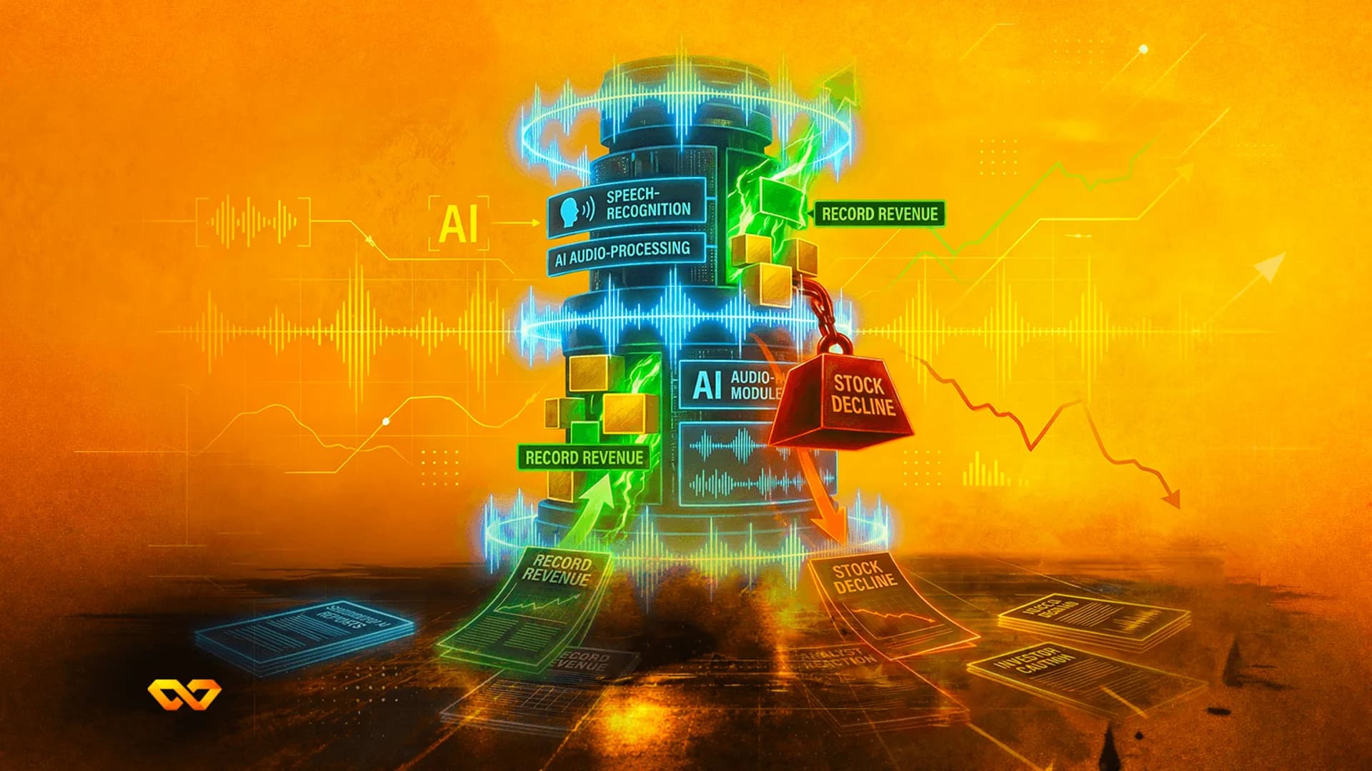 AI machine illustration with green record revenue arrows and a heavy red stock decline weight on an orange background.