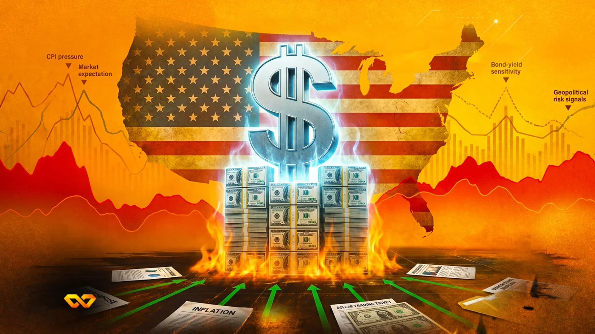 خريطة للولايات المتحدة بنمط العلم، وعلامة دولار متوهجة، ورزم من النقود المحترقة فوق رسم بياني خطي أحمر متقلب.