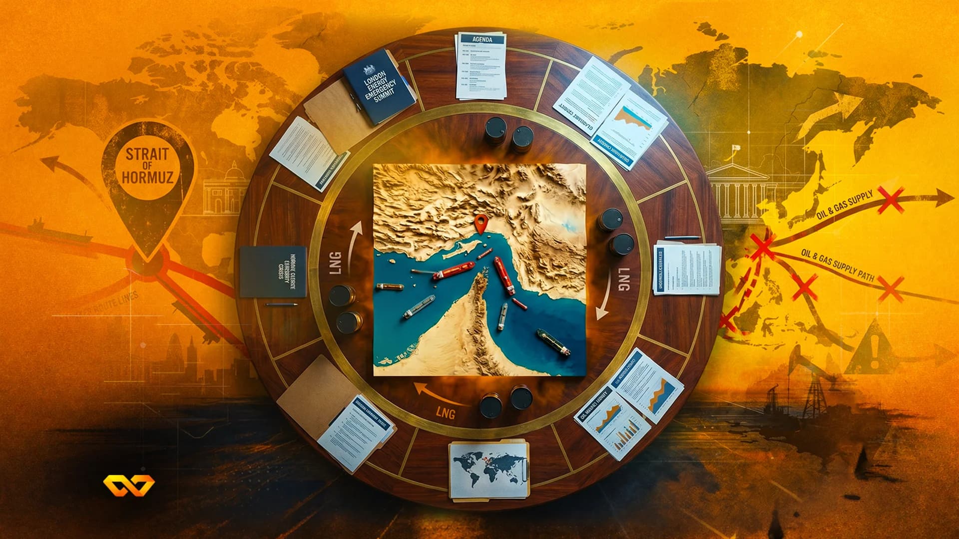 A round table with a 3D relief map of the Strait of Hormuz, surrounded by energy summit documents and a world map.