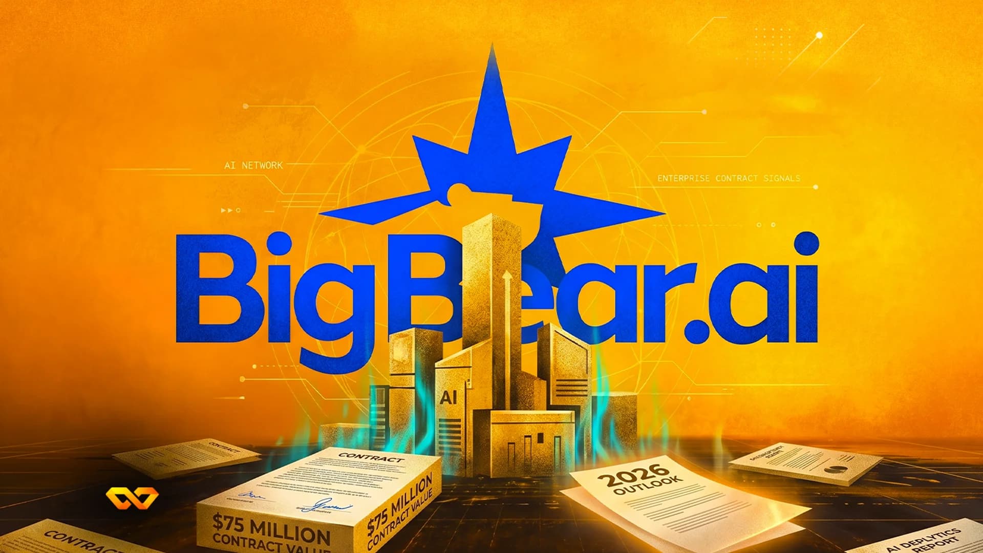 BigBear.ai logo above a stylized golden city, contract documents, and a $75 million contract value block.