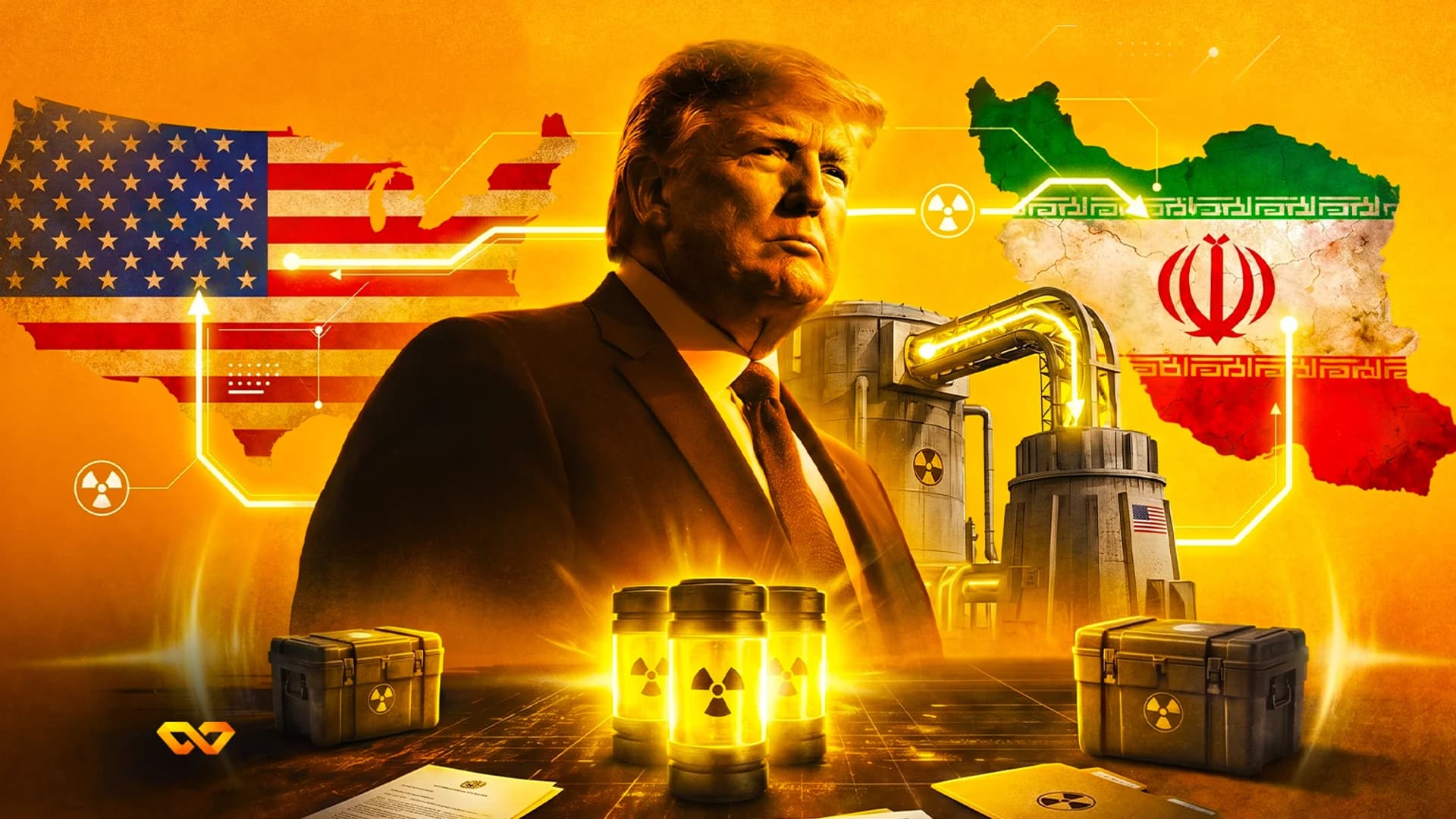 Digital illustration of Donald Trump between US and Iran maps with nuclear symbols and glowing canisters.