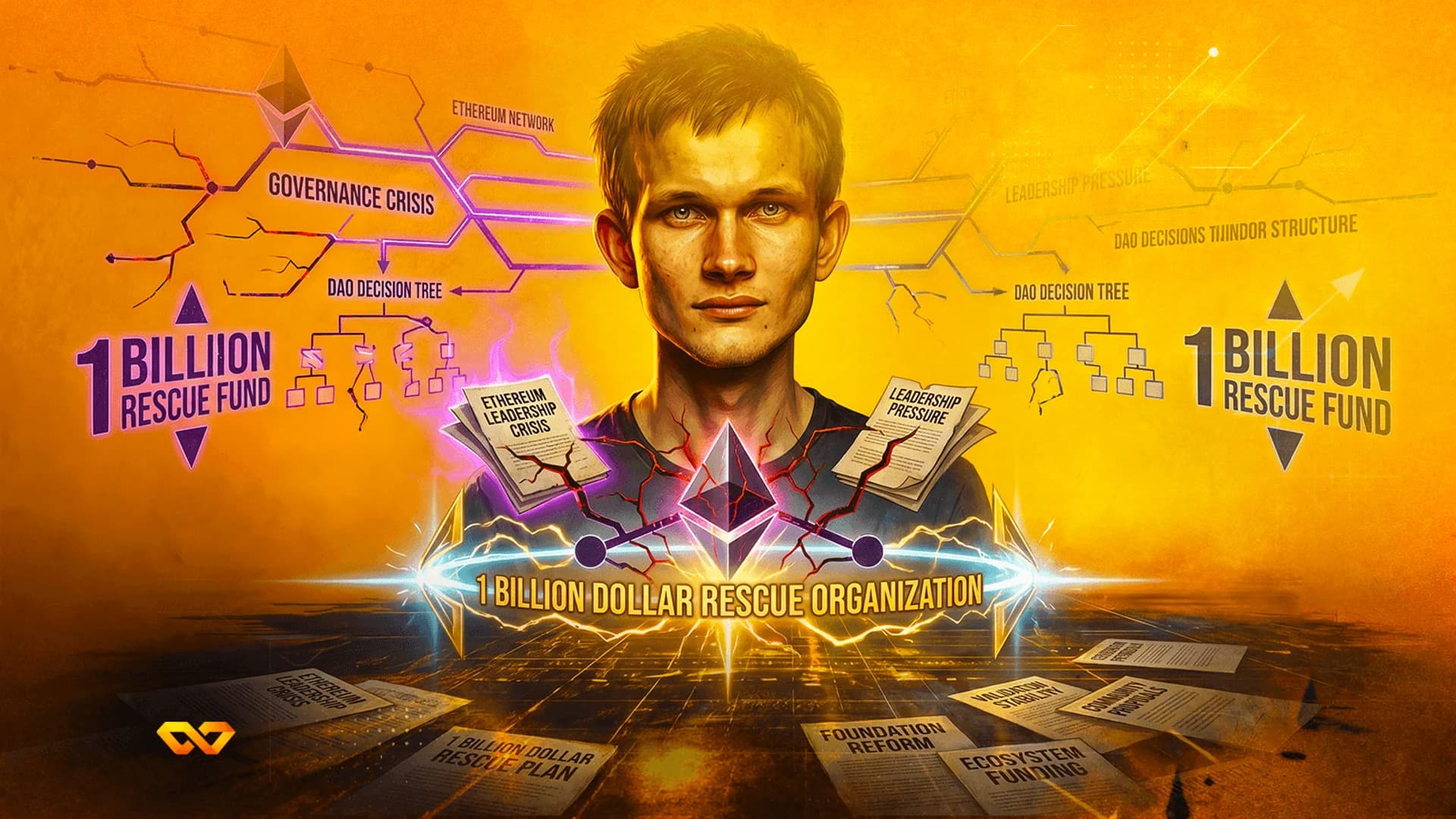 Portrait of Vitalik Buterin with Ethereum logos and text about a rescue fund on a glowing orange background.