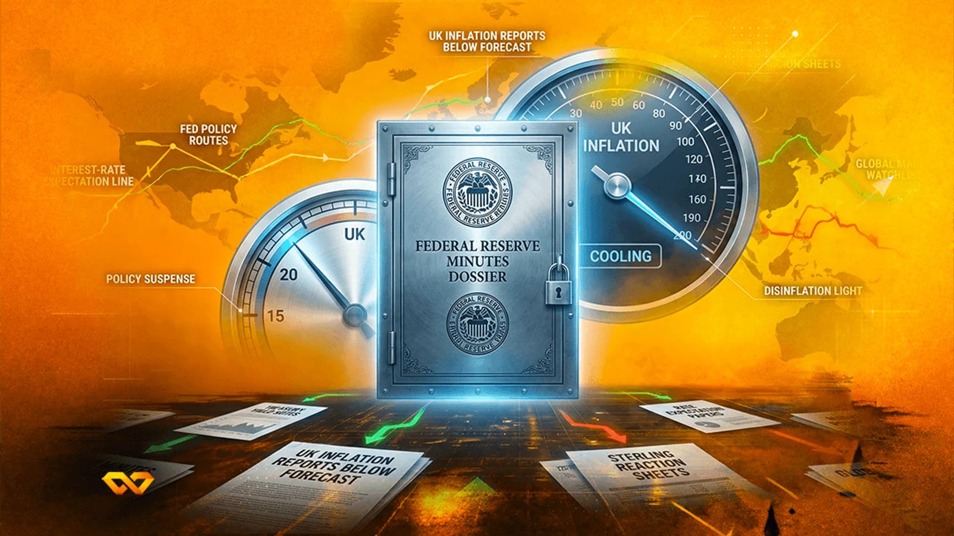 Metal vault door labeled 'Federal Reserve Minutes Dossier' with gauges and financial papers on an orange background.