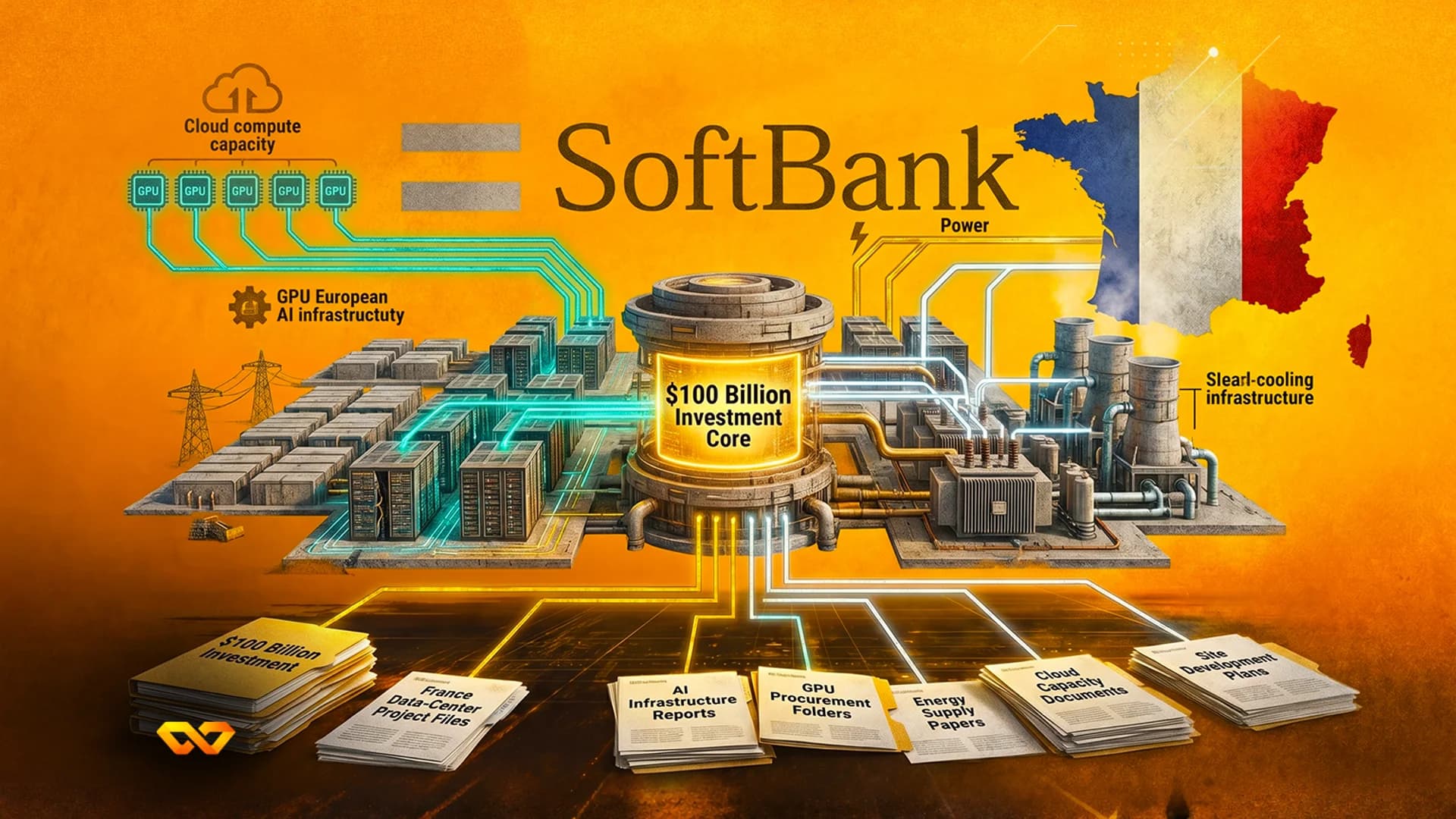 Infographic with SoftBank logo, a map of France, a futuristic data center model, and labeled investment folders.