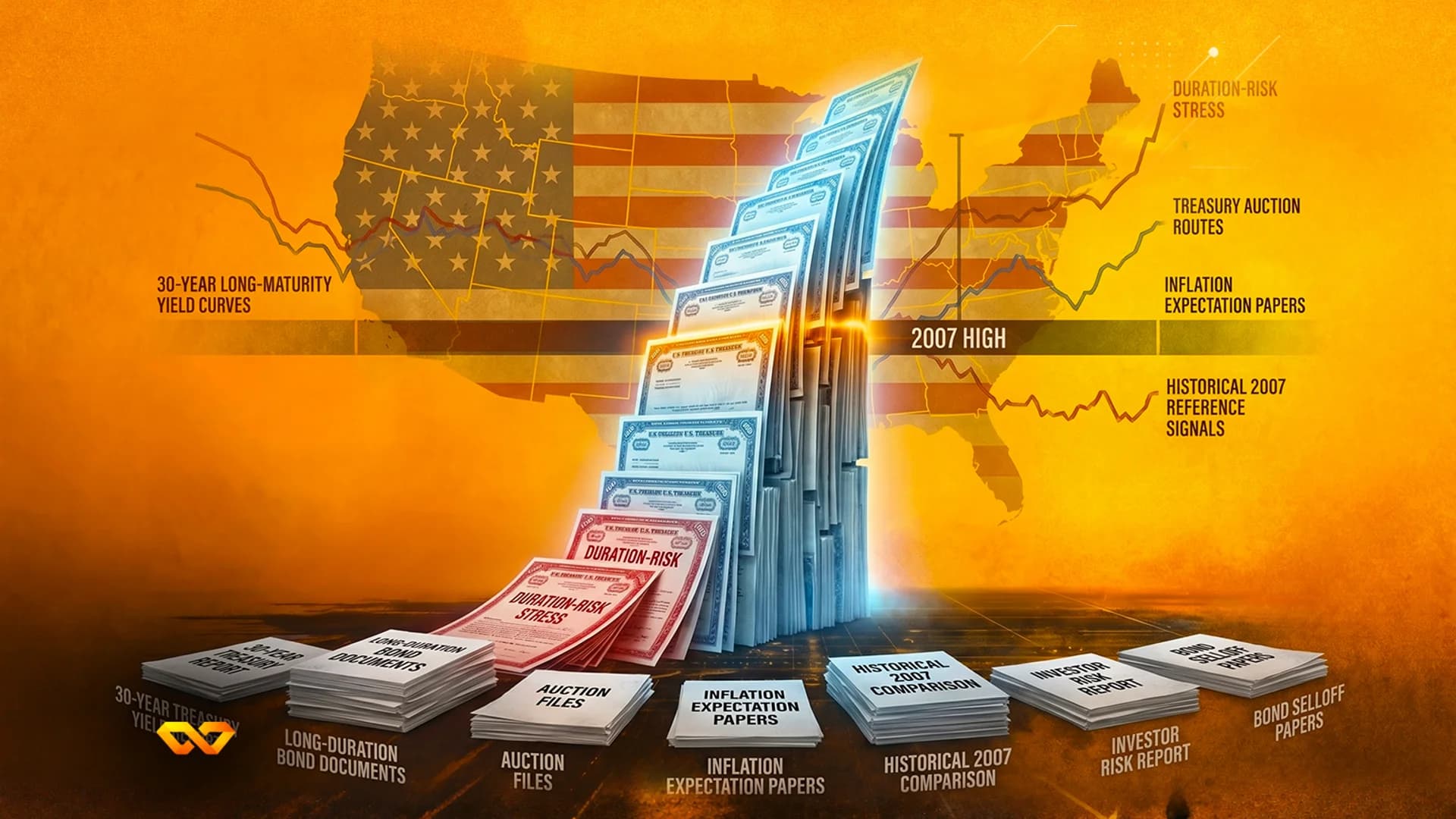 Stylized illustration of US Treasury bonds stacked against a US flag background with yield curve charts and labels.
