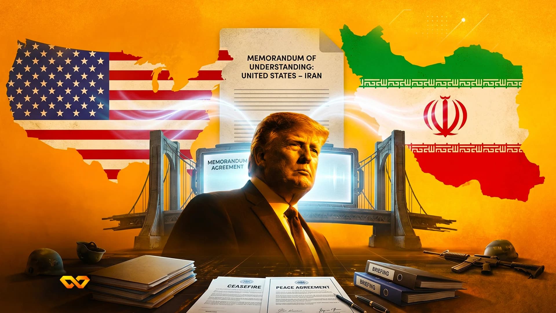 Donald Trump centered between maps of the US and Iran, with peace agreement documents on a desk in the foreground.