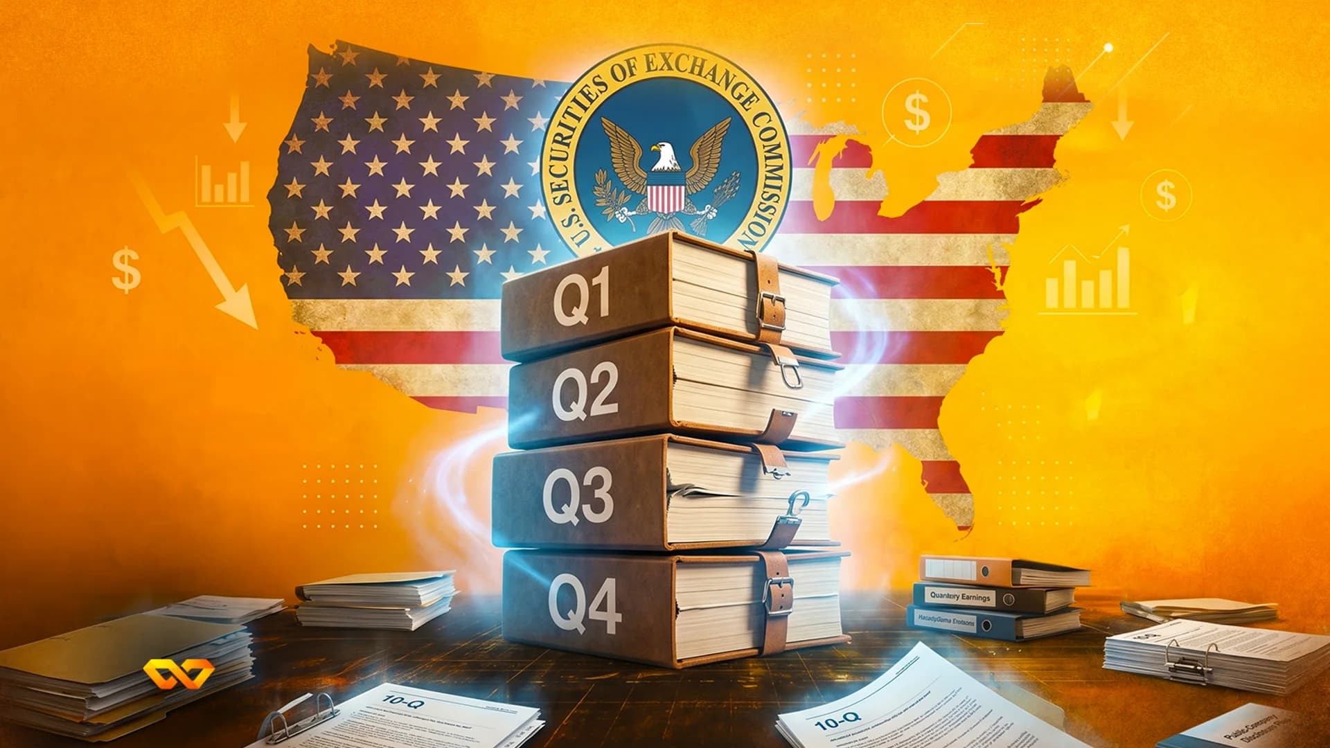 Stacked books labeled Q1-Q4 in front of a US flag map and SEC seal, surrounded by 10-Q financial documents.