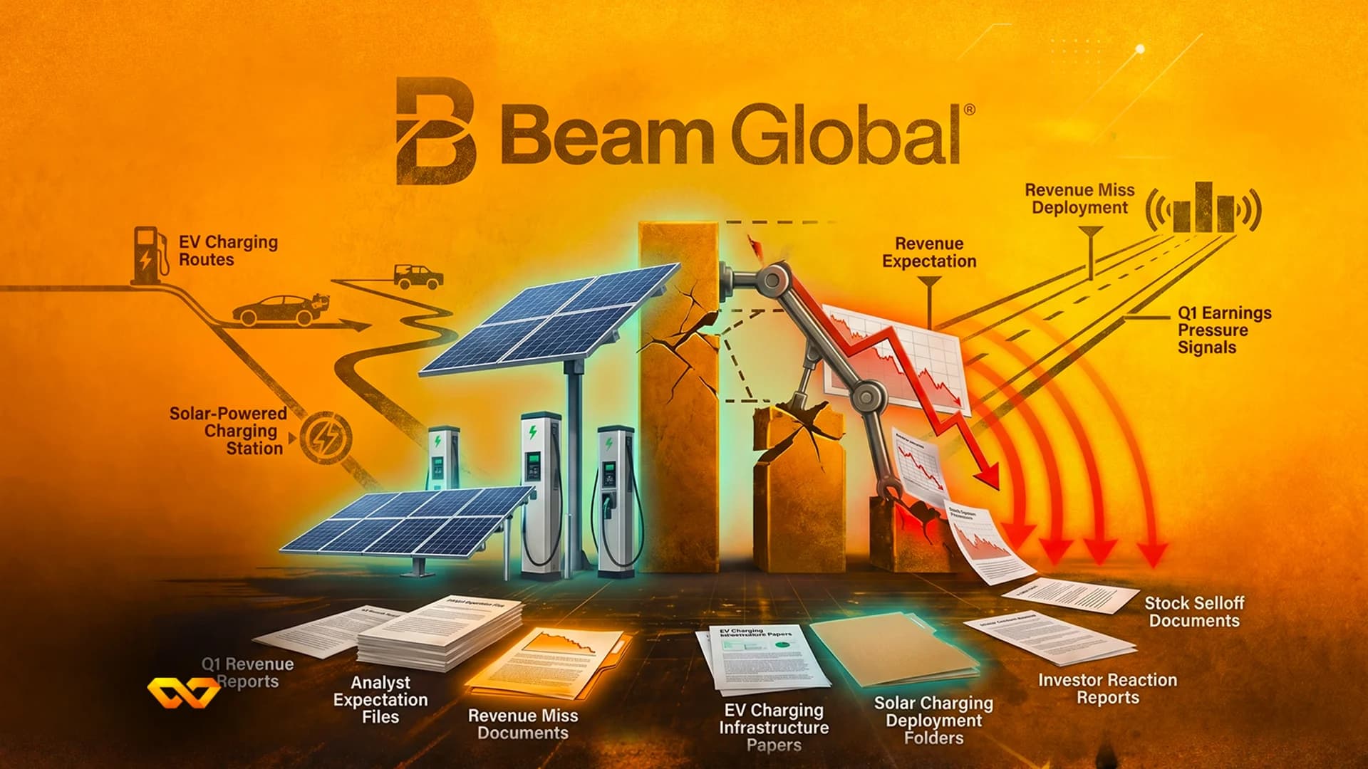 Beam Global logo above solar panels, EV chargers, and a robotic arm breaking a falling red line chart on orange background.