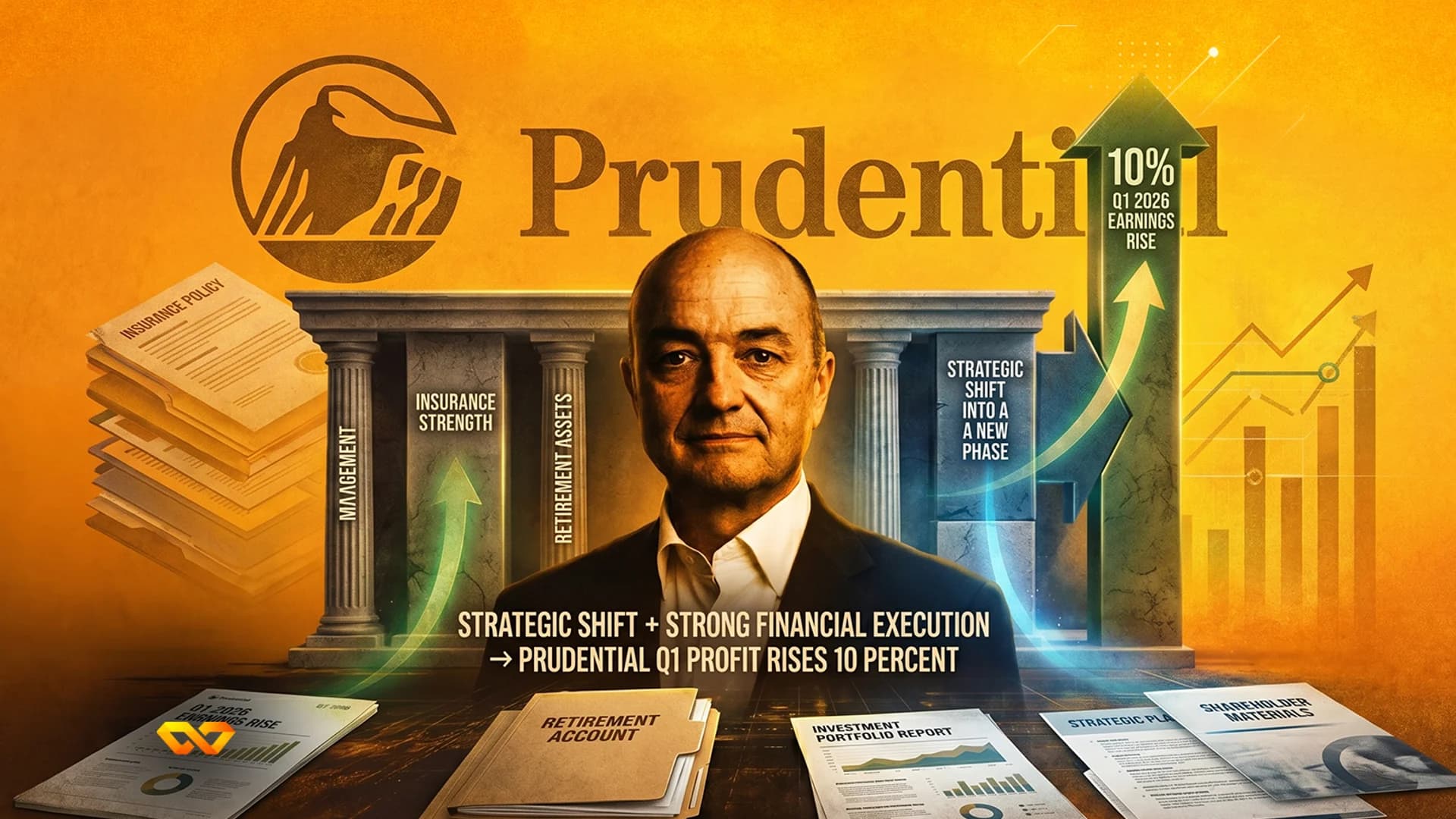 Composite illustration of a man's portrait with the Prudential logo, classical pillars, and rising financial charts.