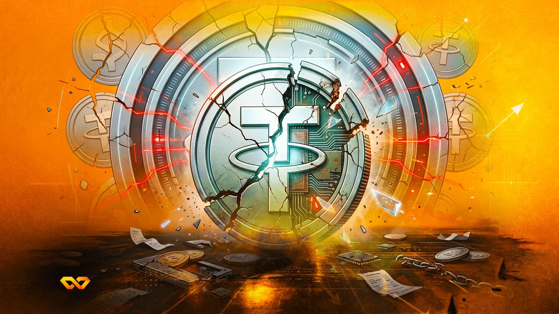 A large, cracked silver coin with the Tether logo breaking apart against an orange background with debris.