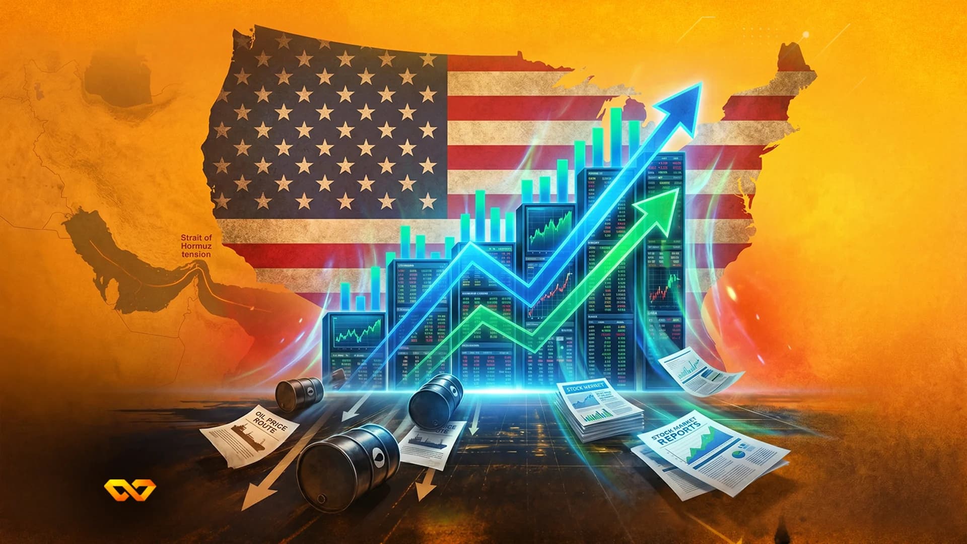 Donald Trump's portrait over a map of Iran, oil refineries, barrels, and a rising financial chart in fiery tones.