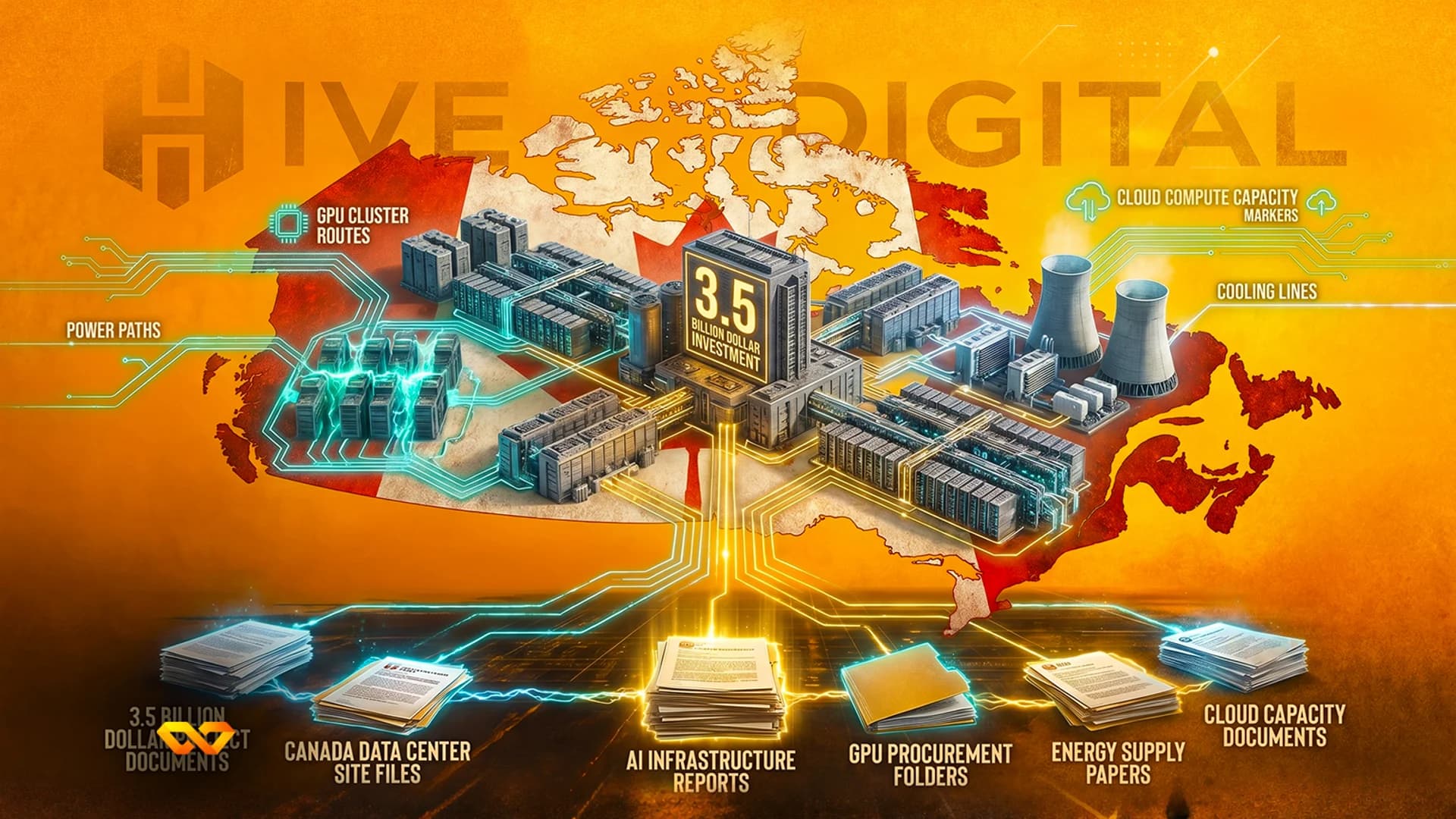 Digital illustration of a data center on a map of Canada with text HIVE DIGITAL and 3.5 billion dollar investment.