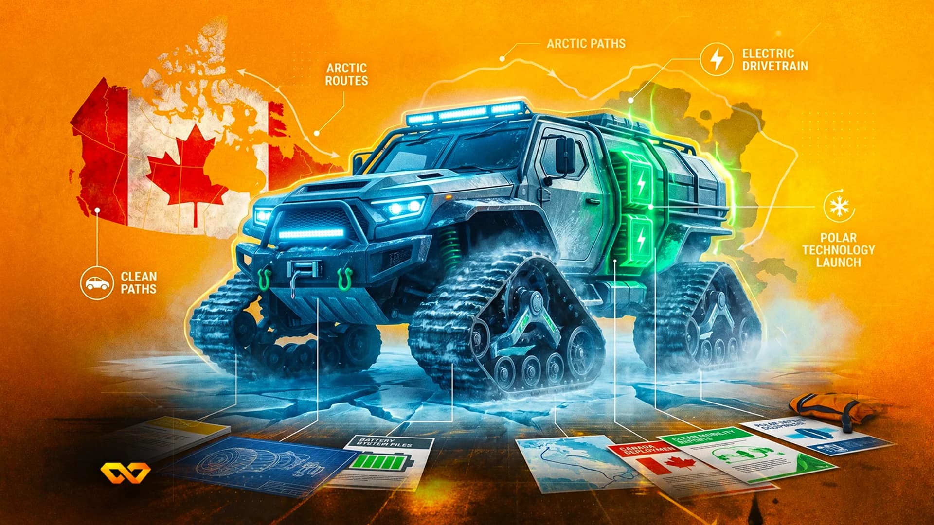 Futuristic electric tracked vehicle in front of a Canadian flag with technical diagrams and arctic route labels.
