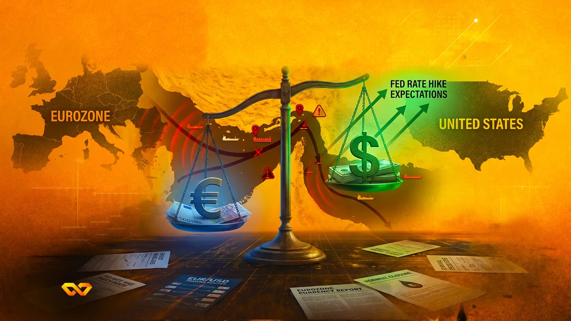 A balance scale weighing a Euro symbol against a Dollar symbol over a world map with financial documents.