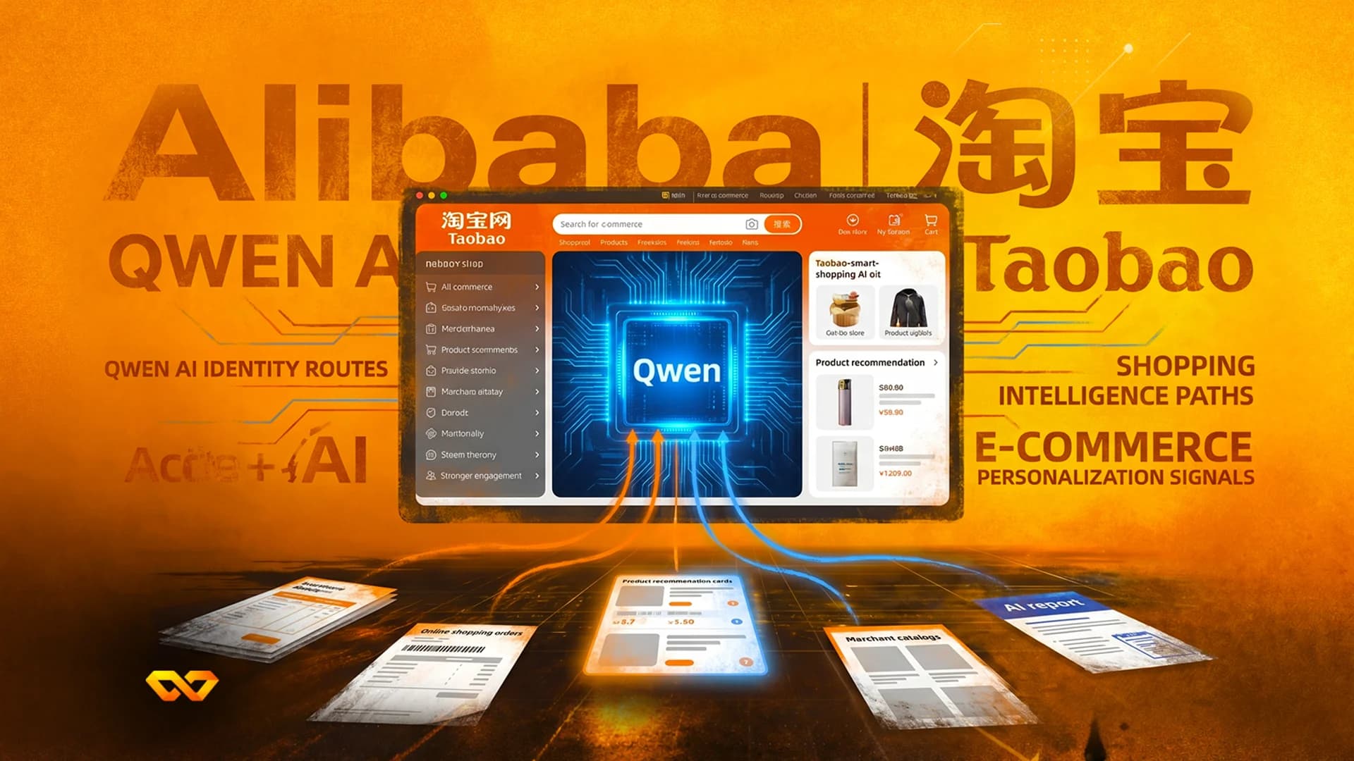 رسم توضيحي رقمي لشعارات علي بابا وتاوباو مع شاشة مركزية تعرض ذكاء Qwen الاصطناعي على لوحة دوائر كهربائية.