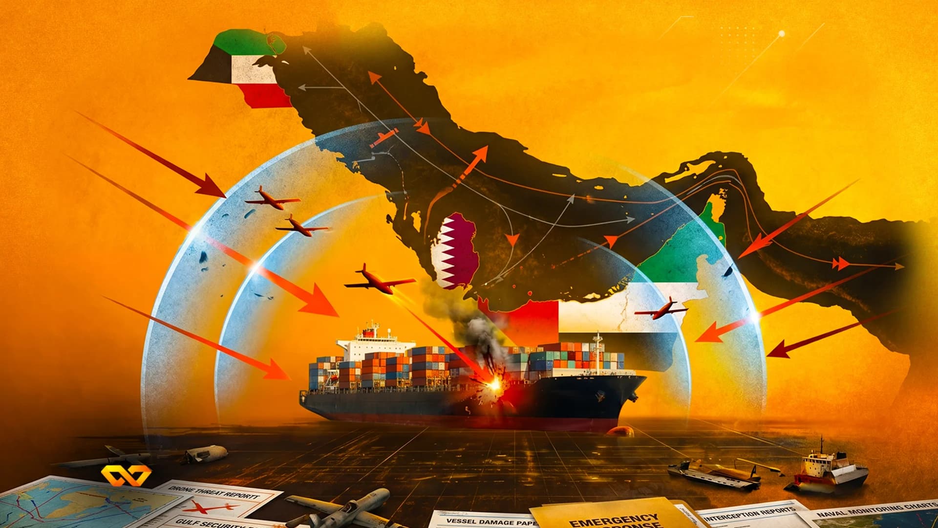 Illustration of a container ship under drone attack in the Persian Gulf with regional maps and security documents.