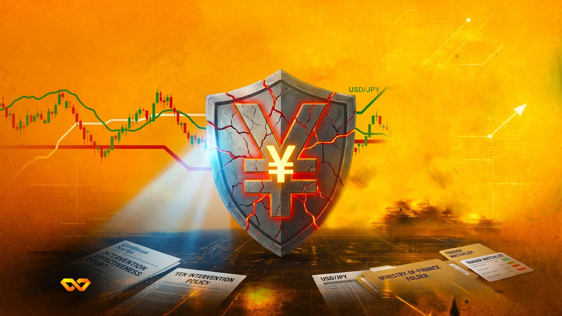 A cracked stone shield with a glowing Yen symbol over a candlestick chart and scattered financial documents.