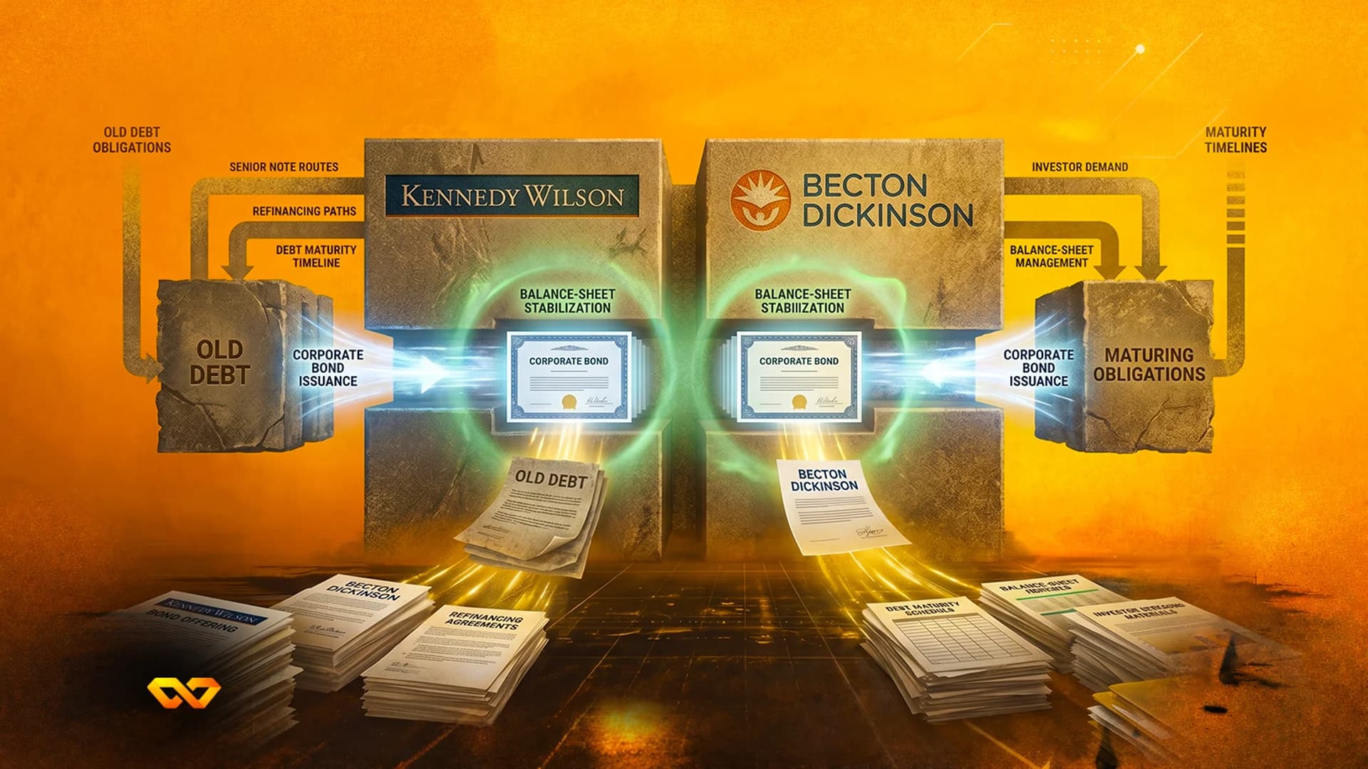 Stone blocks labeled Kennedy Wilson and Becton Dickinson with arrows showing corporate bond issuance and old debt.