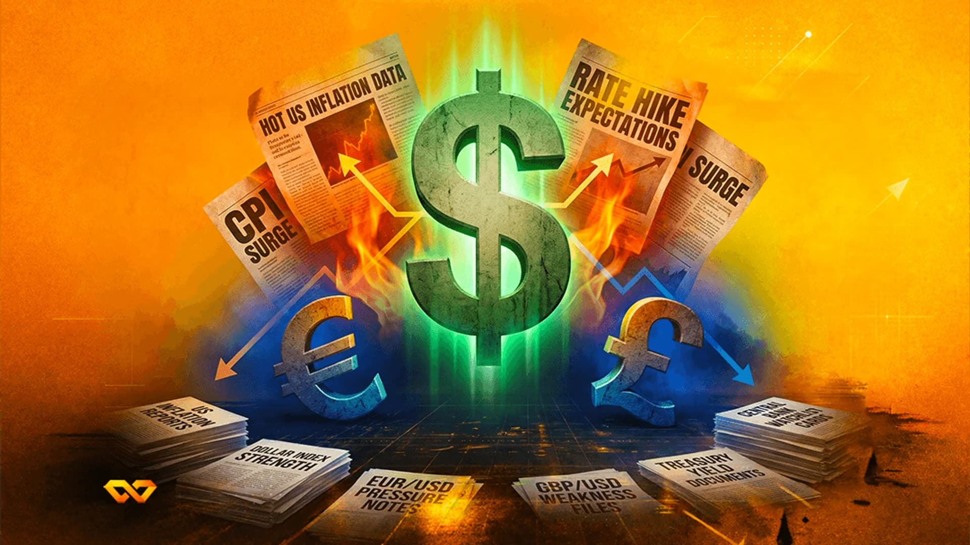 A large green dollar sign surrounded by flames, newspaper headlines, and smaller euro and pound symbols with down arrows.