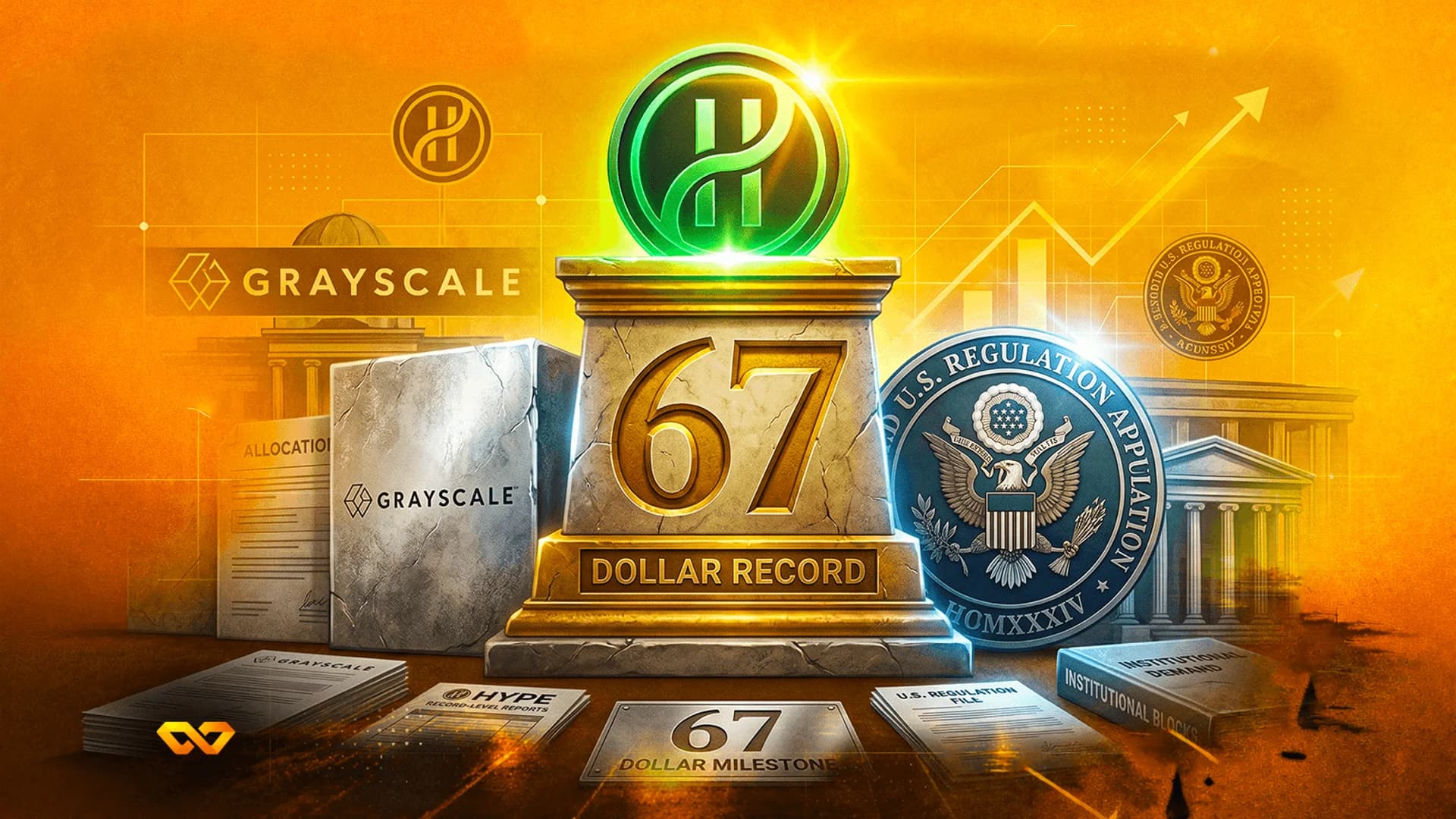 A stone pedestal with '67 DOLLAR RECORD' topped by a glowing green H logo coin, surrounded by Grayscale branding.