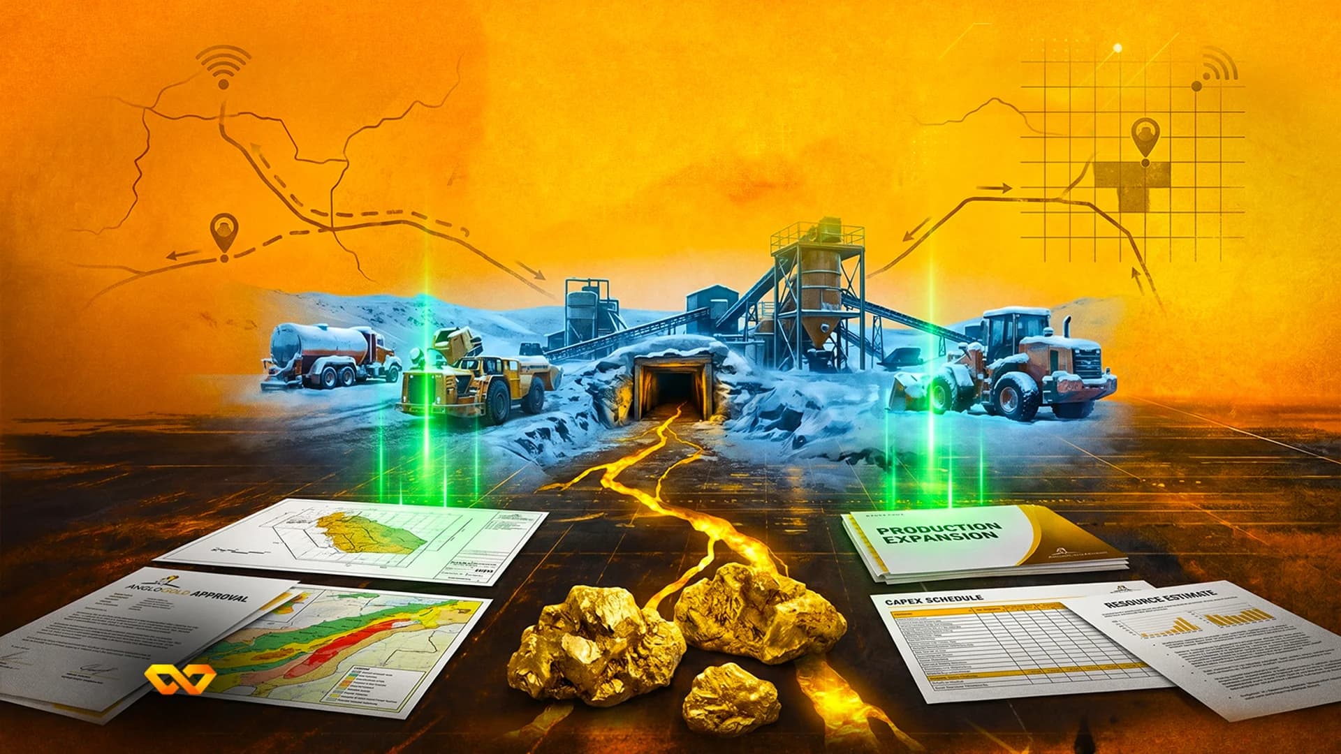 Composite illustration of a gold mine with heavy machinery, gold nuggets, and project planning documents.