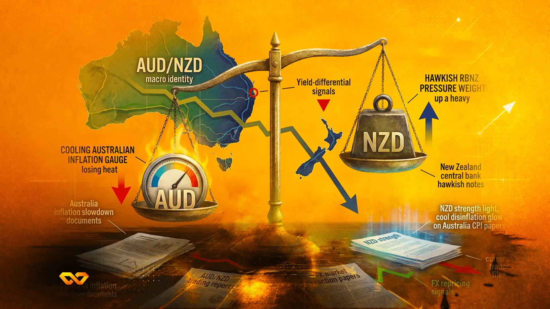 A golden scale balances a cooling AUD gauge on fire against a heavy NZD weight over maps of Australia and New Zealand.