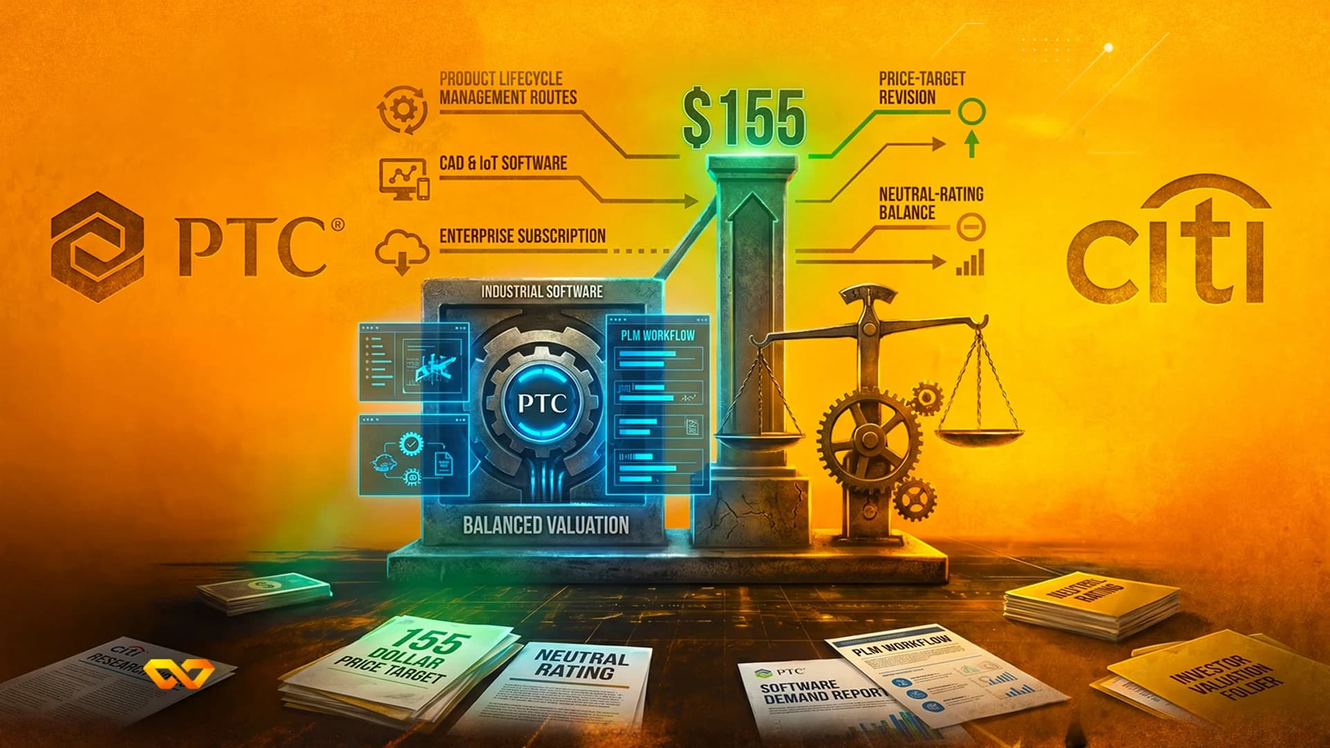 Illustration with PTC and Citi logos, a $155 price target, a balance scale, and various financial documents.