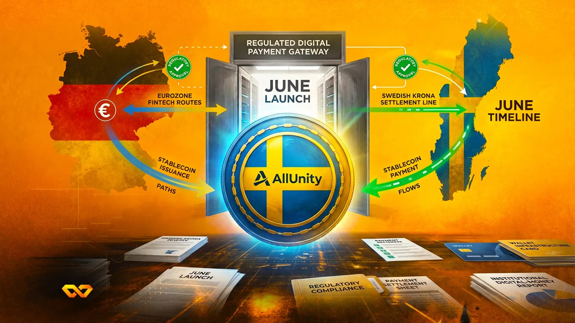 Infographic showing maps of Germany and Sweden connected by arrows to a central AllUnity coin and digital gateway.