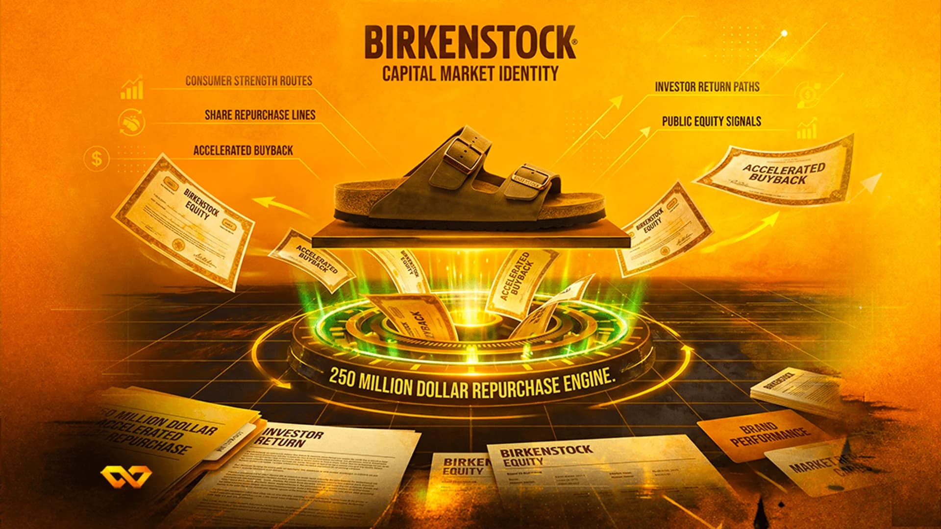 Birkenstock sandal on a glowing platform surrounded by stock certificates and financial text on an orange background.