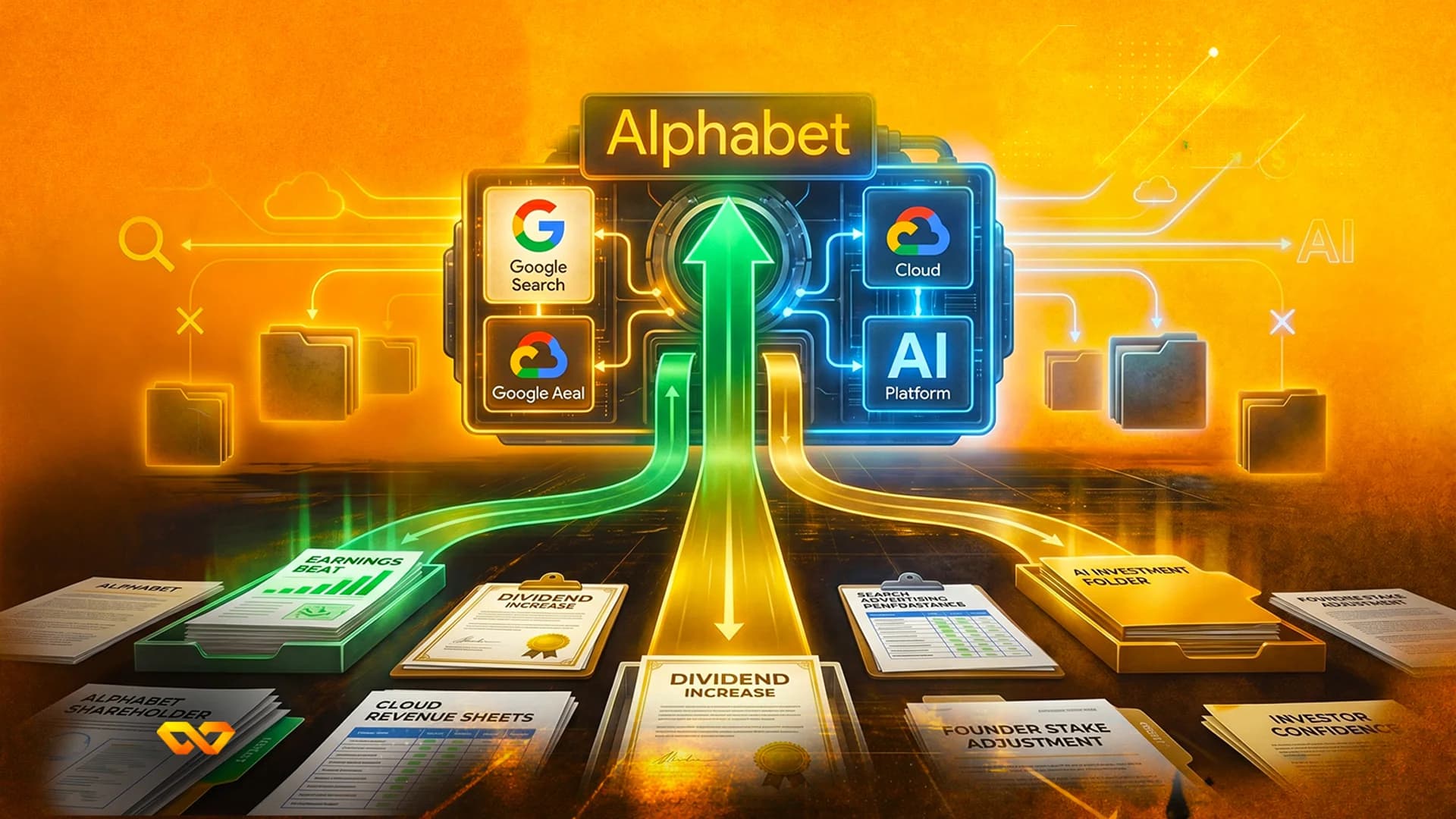Digital illustration of Alphabet's financial performance with logos, upward arrows, and documents labeled earnings beat.