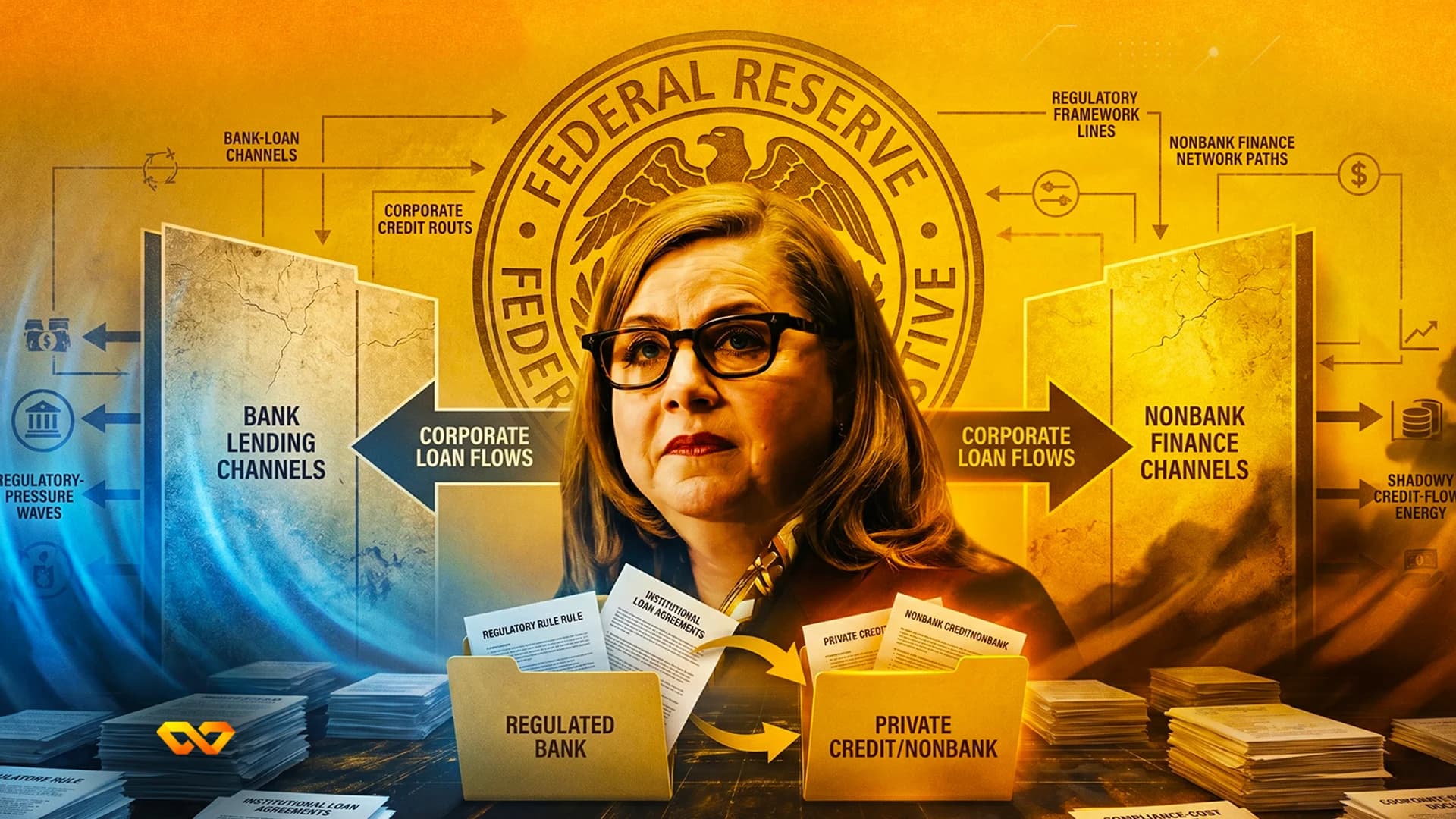 Illustration of a woman with glasses in front of a Federal Reserve seal, with folders for regulated and private credit.