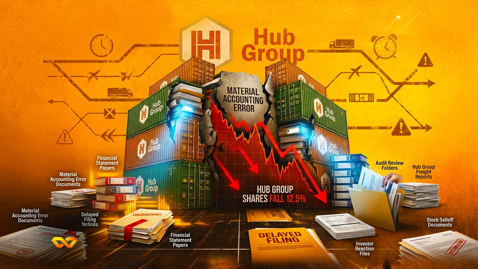 Illustration of Hub Group logo, shipping containers, a red downward chart, and stacks of financial documents.