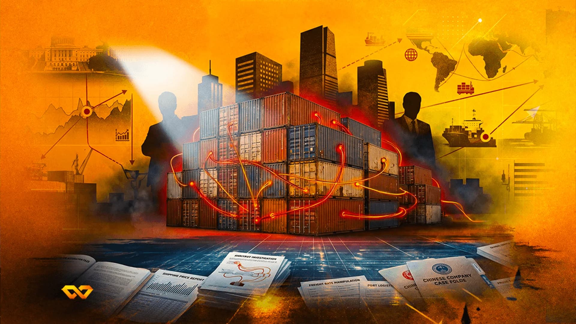Collage of shipping containers, a world map, and documents titled 'Antitrust Investigation' under a spotlight.