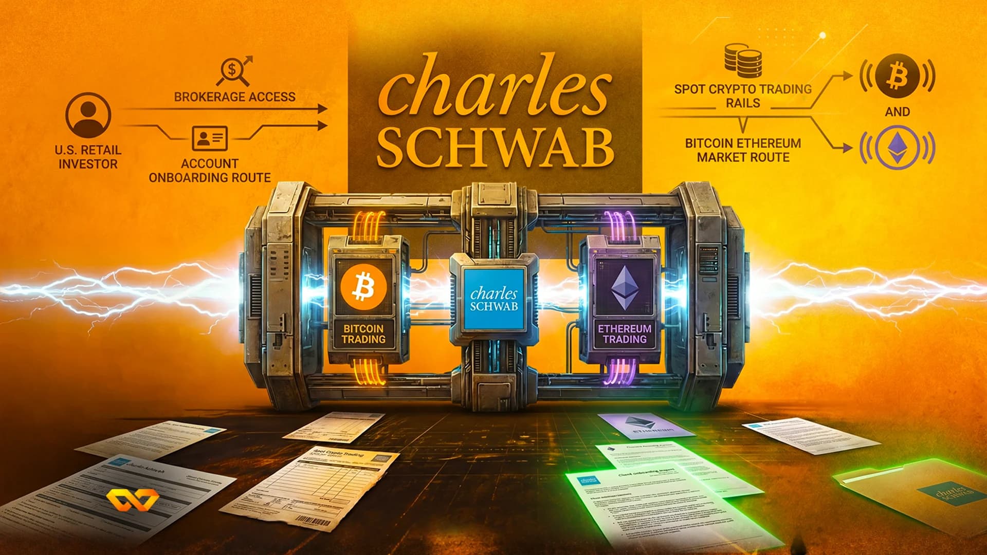 Illustration of a Charles Schwab machine with Bitcoin and Ethereum trading modules on a textured orange background.