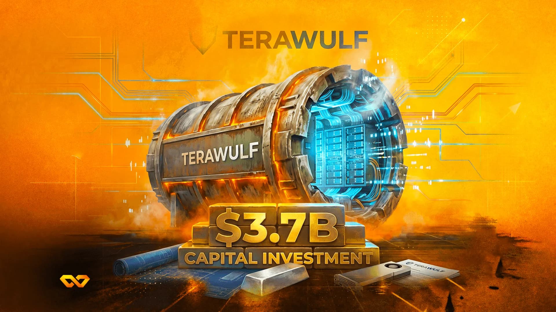 Industrial cylinder with server racks inside, gold blocks reading $3.7B CAPITAL INVESTMENT, orange circuit background.