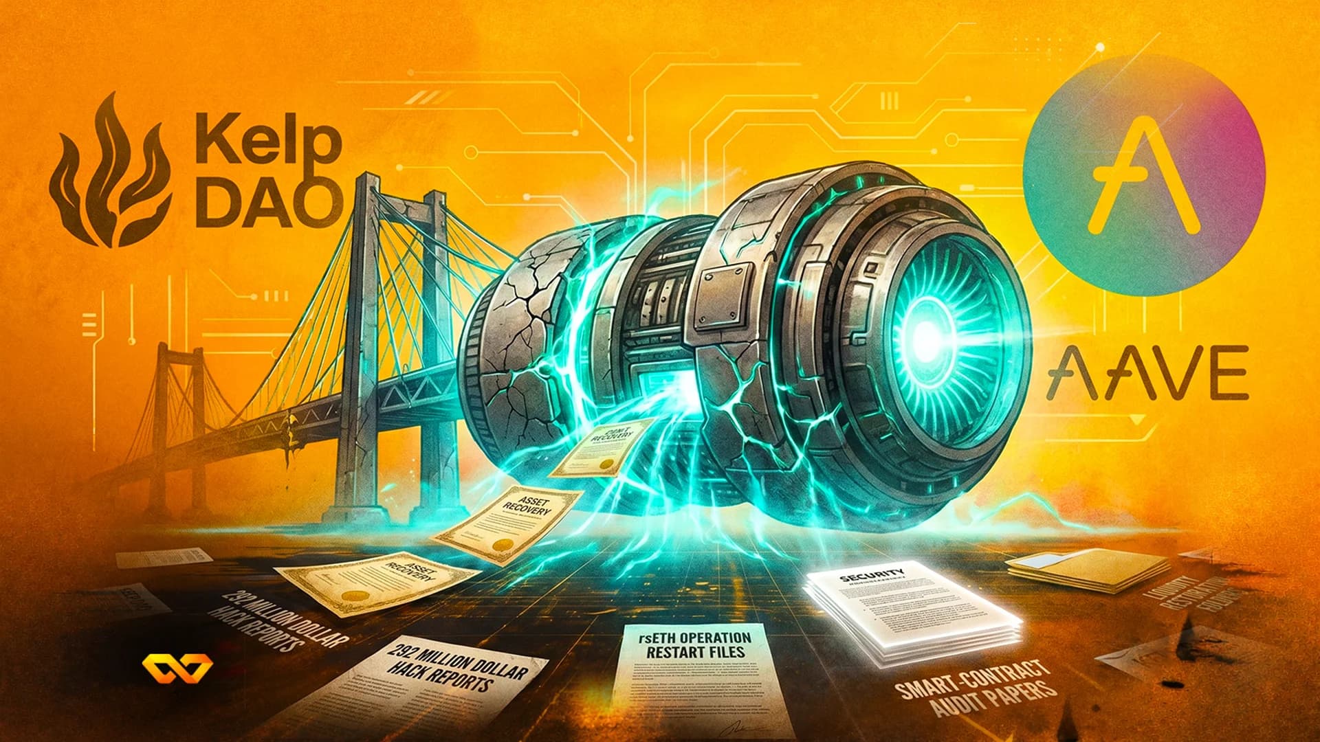 Digital illustration of a glowing turbine engine surrounded by flying documents and Kelp DAO and Aave logos.