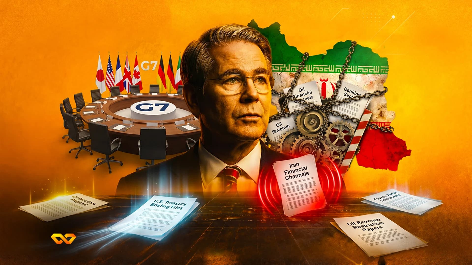 Portrait of a man in a suit with a G7 meeting table, a chained map of Iran, and financial sanction documents.