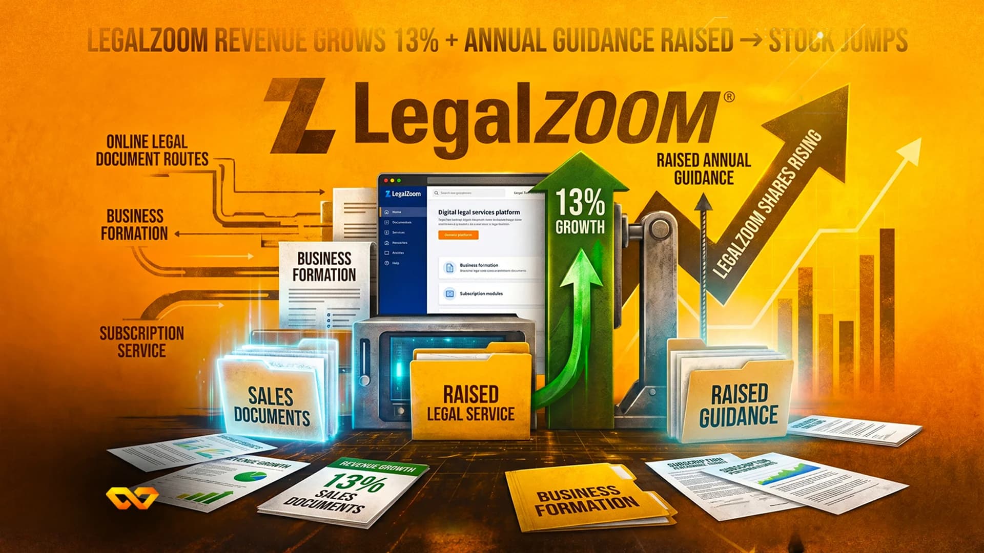LegalZoom logo and financial infographic with upward arrows, folders, and charts on an orange background.