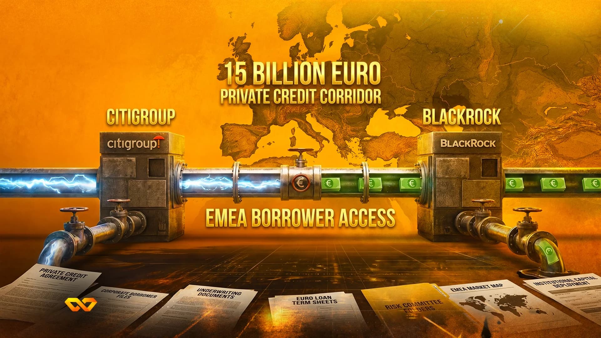 Illustration of a pipeline connecting Citigroup and BlackRock logos over a map of Europe with financial documents.