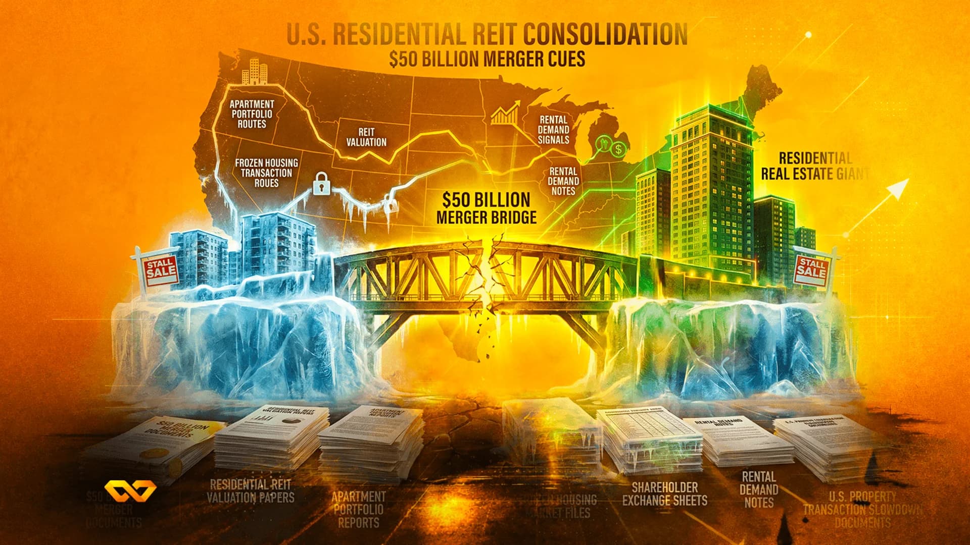 Infographic of a broken bridge connecting icy apartment buildings to a glowing green cityscape over a map of the USA.