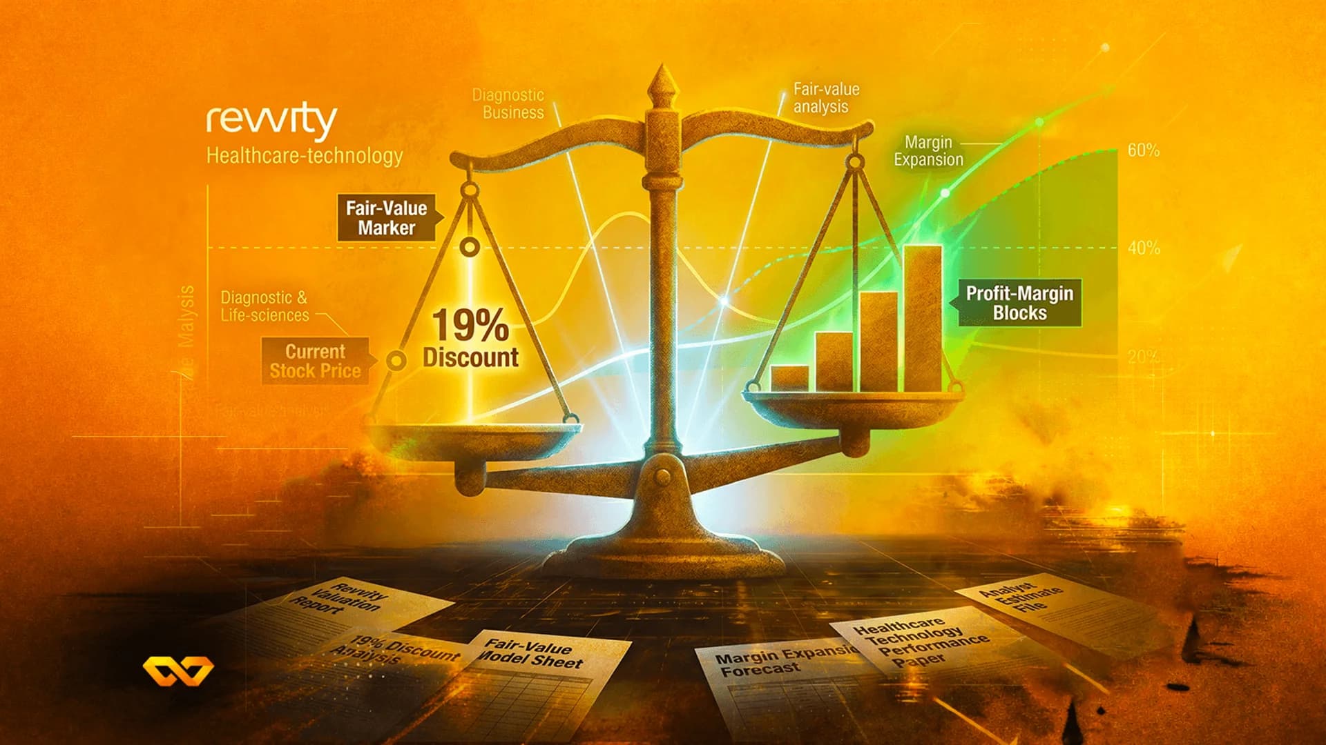 ميزان ذهبي يوازن بين ملصق خصم 19% وأعمدة بيانية متصاعدة على خلفية برتقالية مع نصوص مالية.