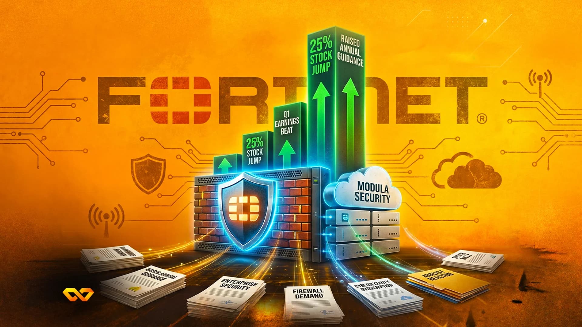Fortinet logo above a firewall shield, bar charts showing stock growth, and financial documents on an orange background.