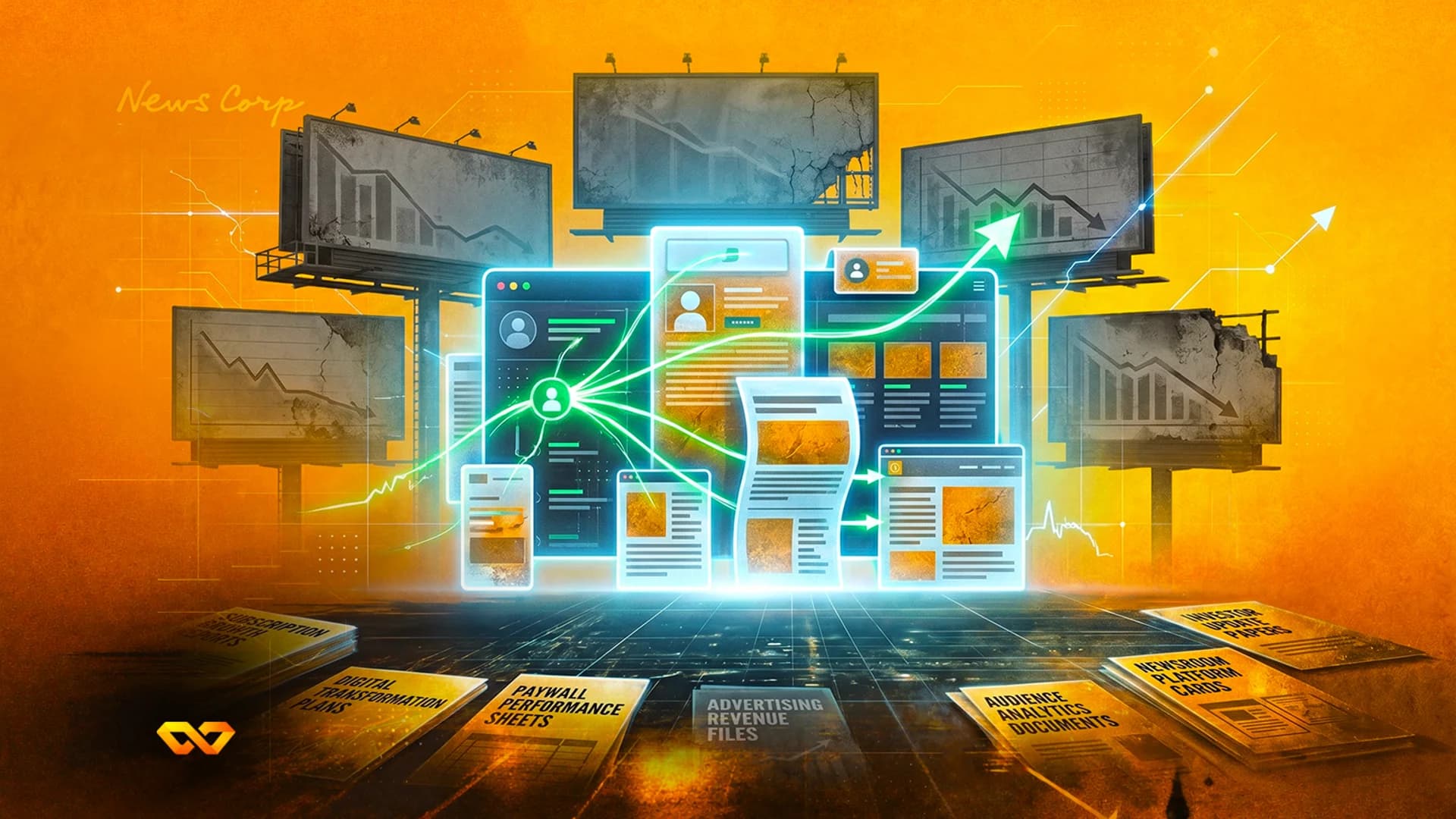 Digital interface with glowing data lines over billboards showing declining charts and business documents on a floor.