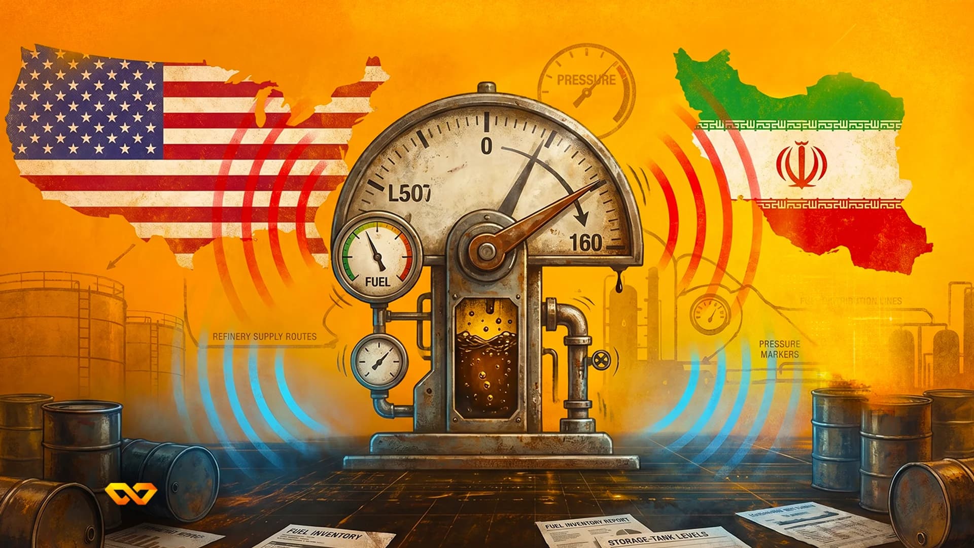 رسم توضيحي لمقياس وقود صناعي بين خريطتي الولايات المتحدة وإيران، محاط ببراميل نفط وتقارير.