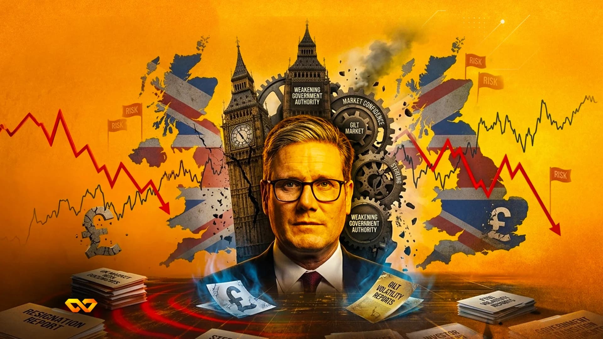 Keir Starmer portrait centered with UK map, Big Ben, gears, and falling red line charts on a yellow background.