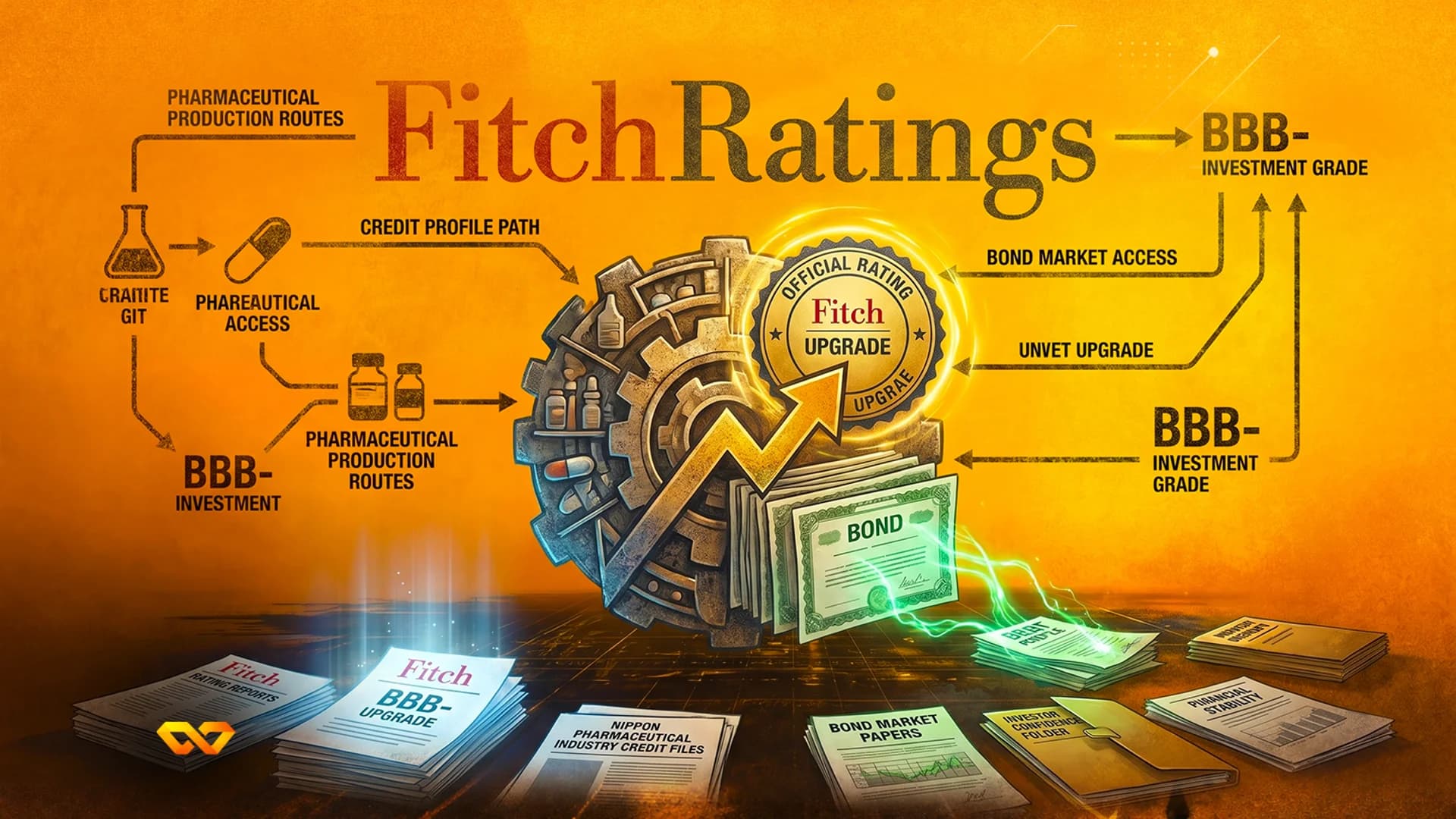 Illustration of Fitch Ratings logo above a gear mechanism, pharmaceutical icons, and stacks of financial documents.